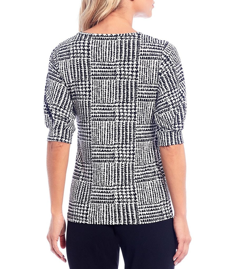 Kasper Scoop Neck Elbow Puff Sleeve Houndstooth Grid Print Crepe Tee