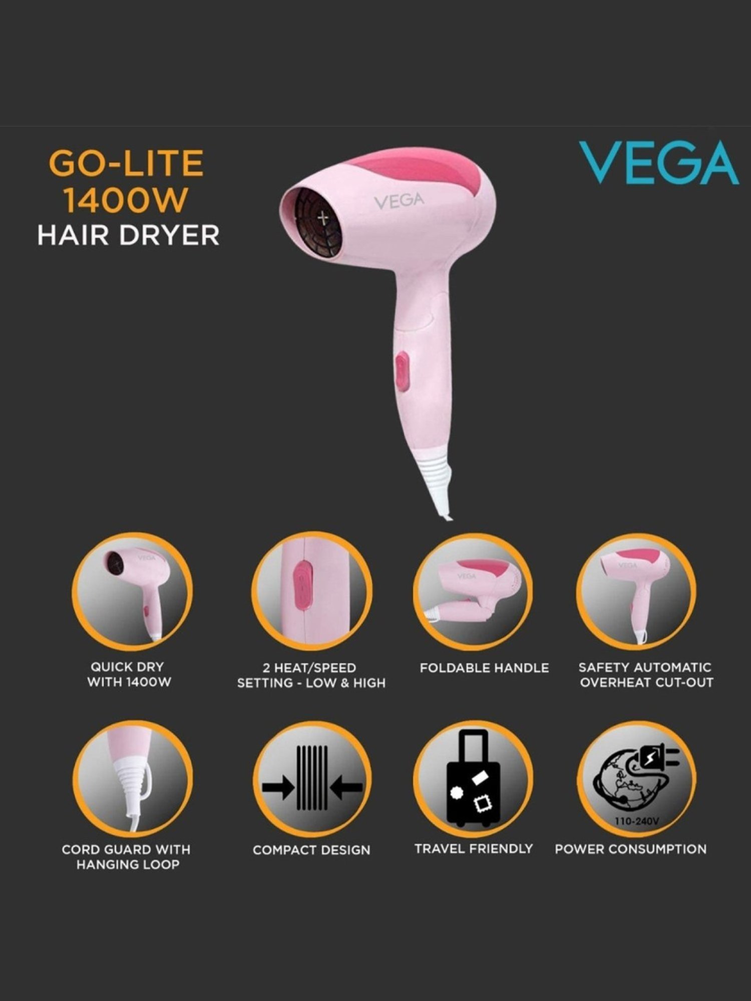 Staunch SHD2011 1600W Compact and Foldable Hair Dryer (White and Pink)