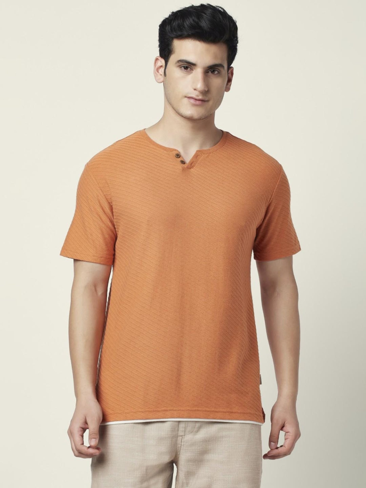 7 Alt by Pantaloons Rusty Orange Relaxed Fit Self Pattern T-Shirt