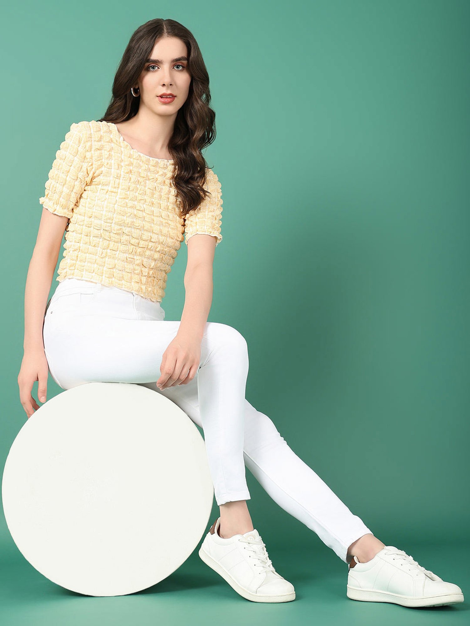 SHOWOFF Yellow Textured Crop Top