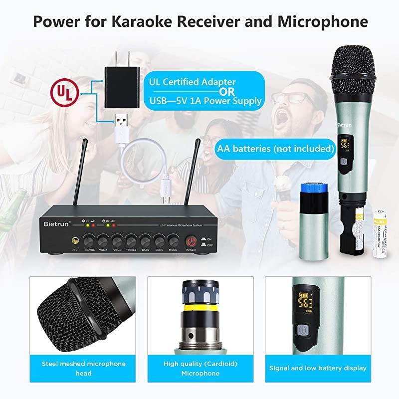 Microphone with Echo Treble BassBluetooth 160 ft Range UHF Metal Dual Handheld Dynamic Mic System 1814Output for Singing Church Karaoke Dj Wedding PABT Speaker