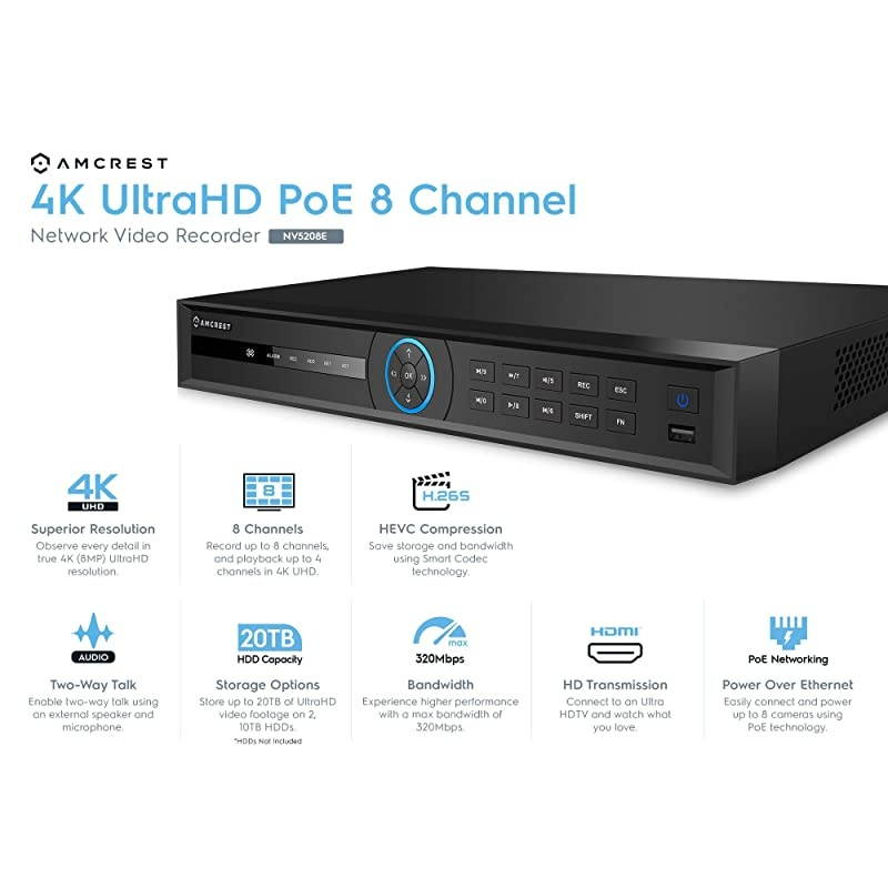 4K NVR NV5208E-1TB (8CH 1080P/3MP/4MP/5MP/6MP/4K/12MP) Network Video Recorder (8-Port PoE) - Supports up to 8 x 4K IP Cameras, Pre-Installed 1TB Hard Drive