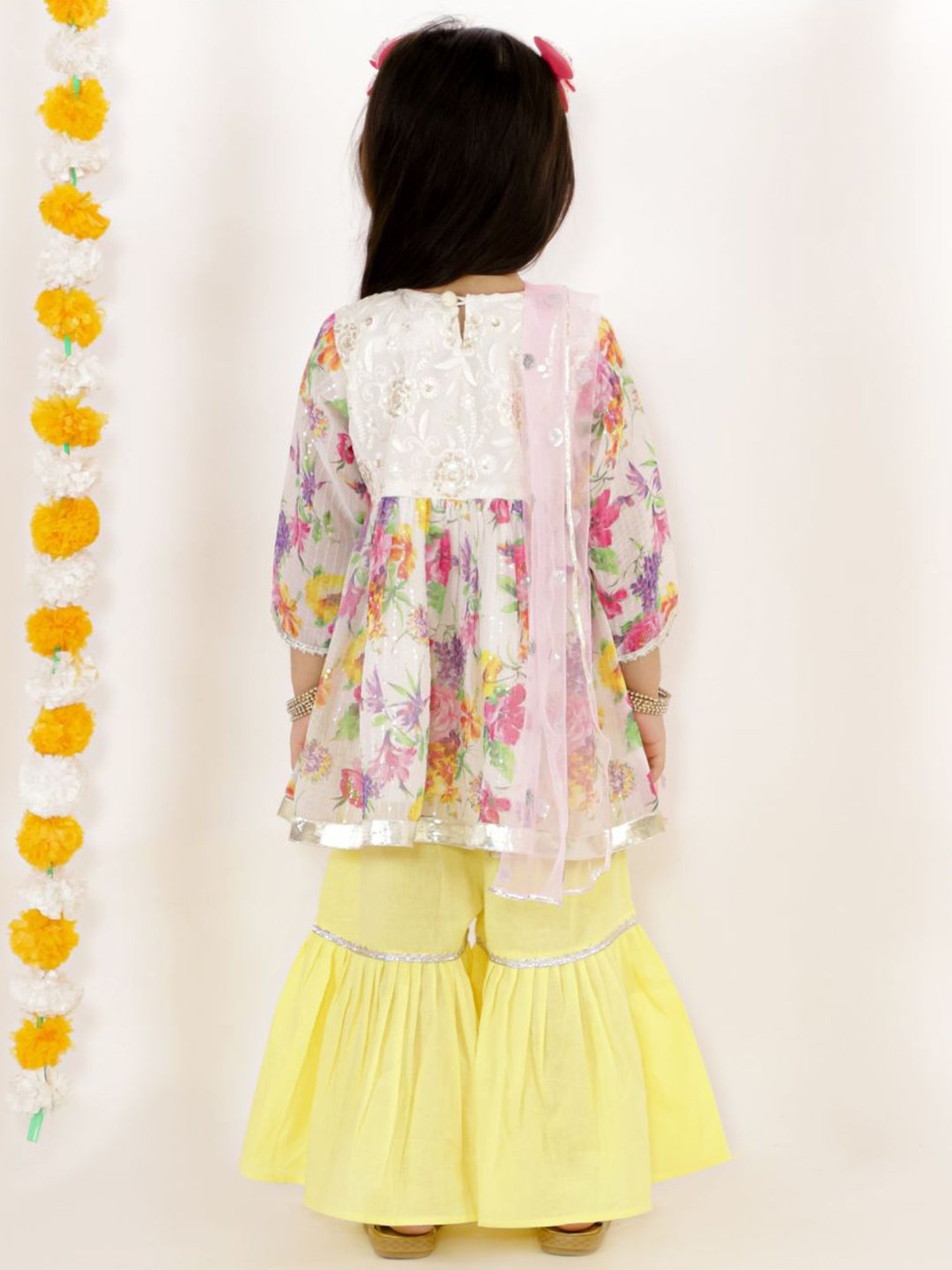 Little Bansi Kids White & Yellow Embroidered Suit Set