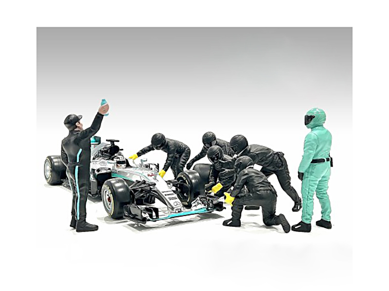Formula One F1 Pit Crew 7 Figurine Set Team Blue for 1/43 Scale Models by American Diorama