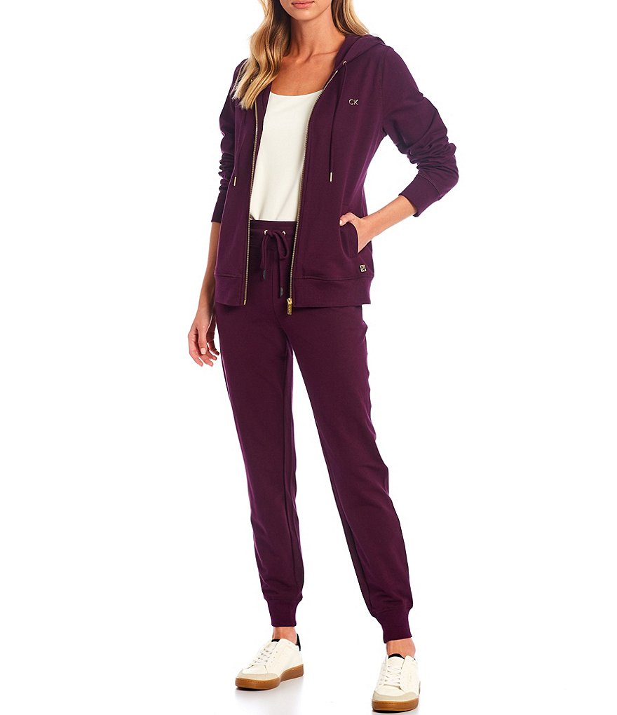 Calvin Klein Solid French Terry Long Sleeve Knit Zip Front Coordinating Drawstring Hoodie