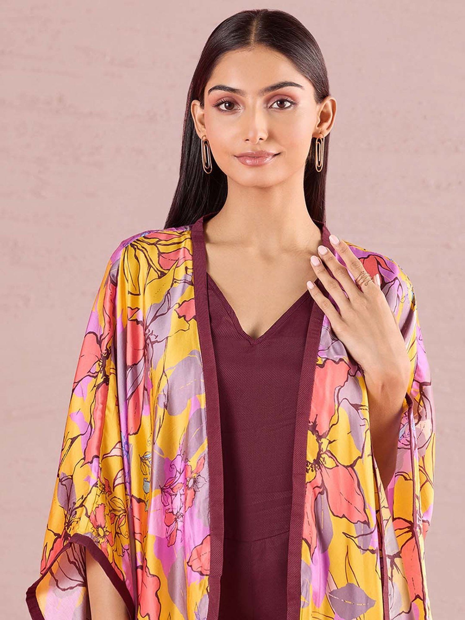 navyasa by liva Maroon & Yellow Printed Jumpsuit With Shrug