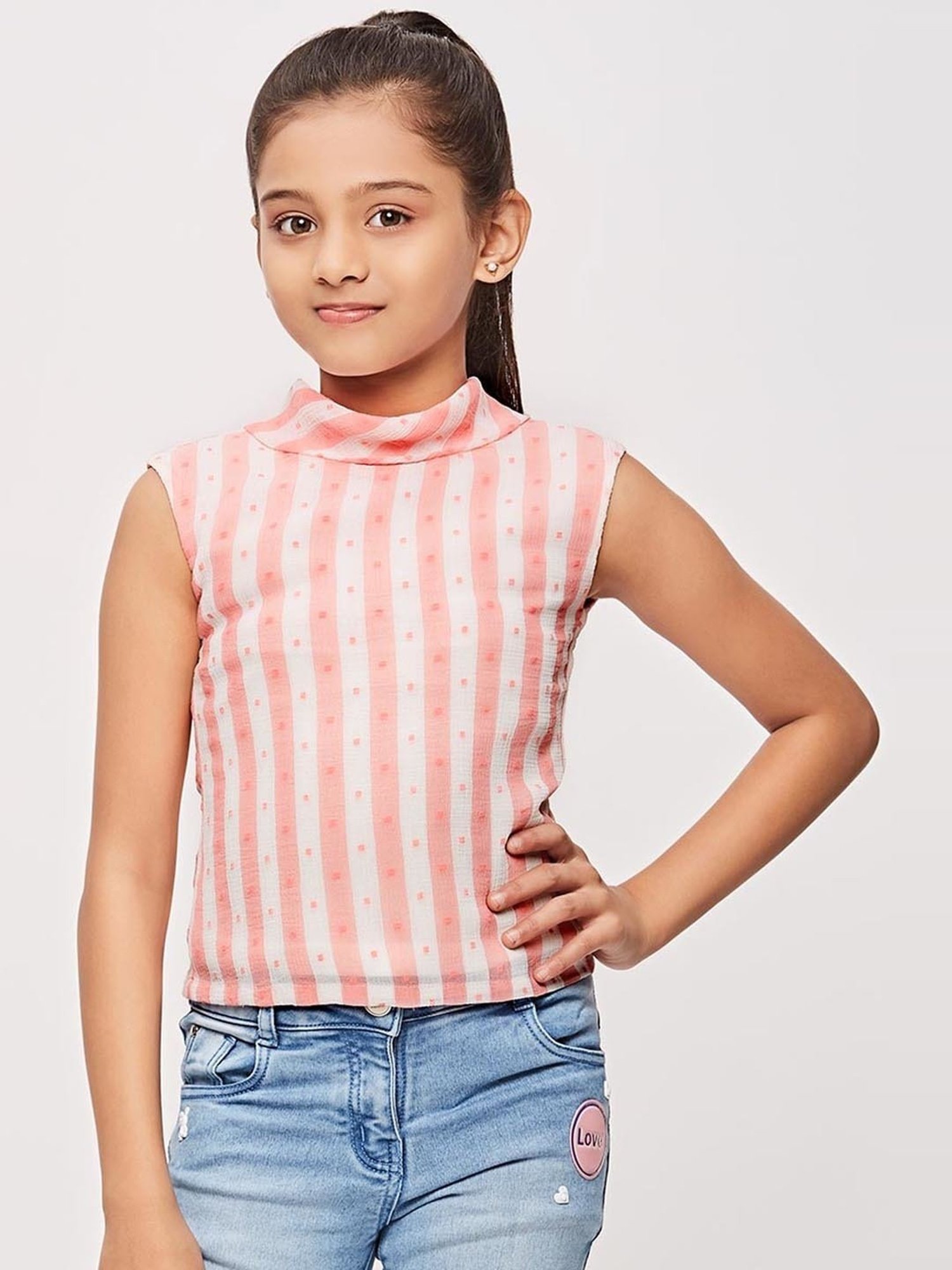 Tiny Girl Peach & White Striped Top