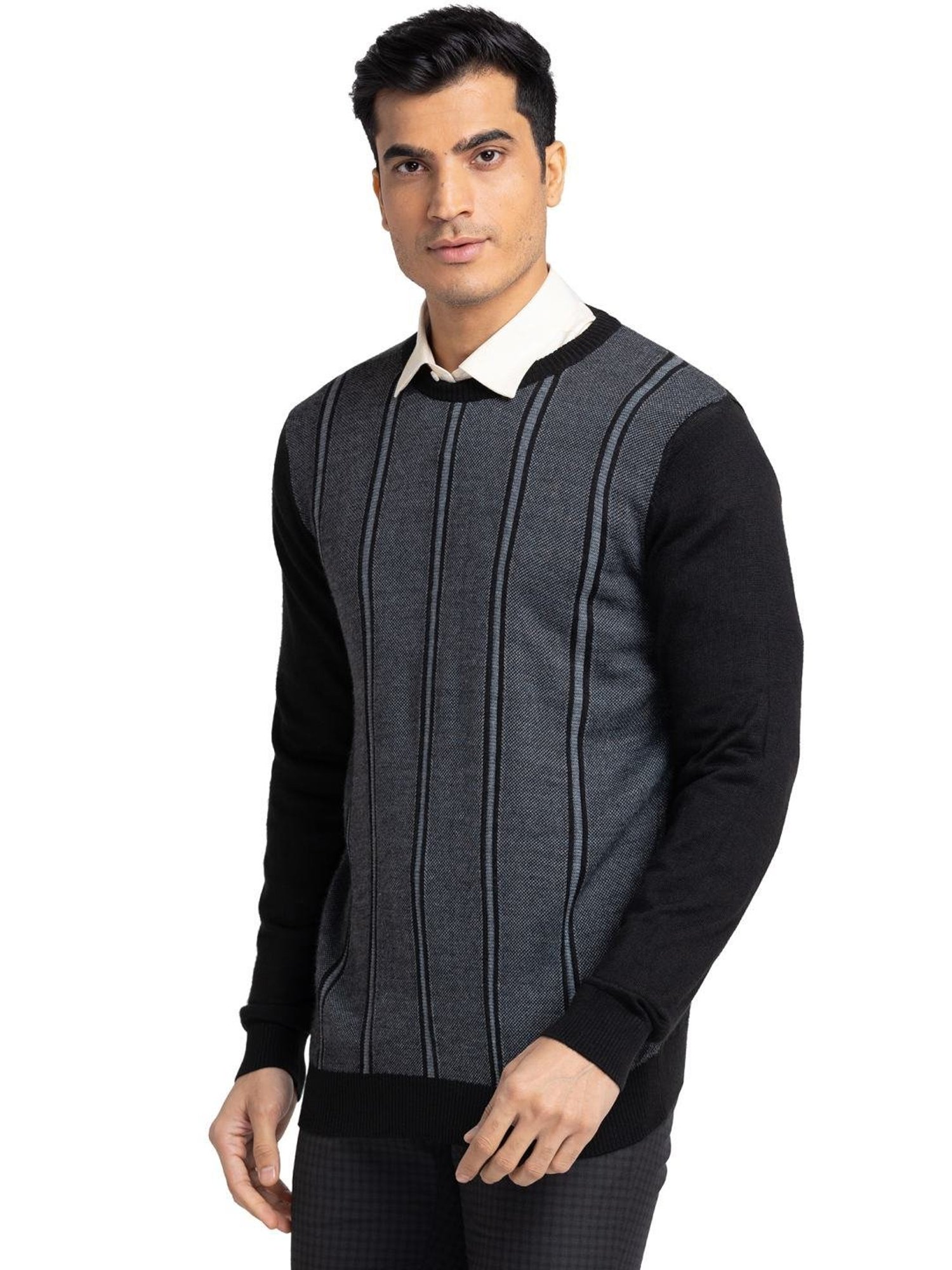 Raymond Black Regular Fit Striped Sweater