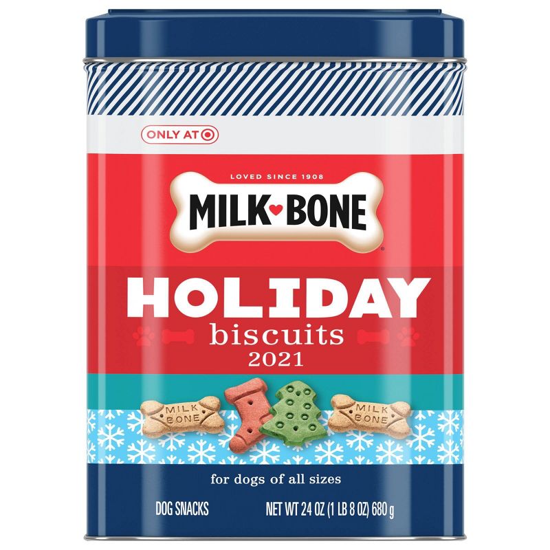 MilkBone Holiday Tin with Original Beef Holiday Dog Biscuits Dog Treats - 24oz