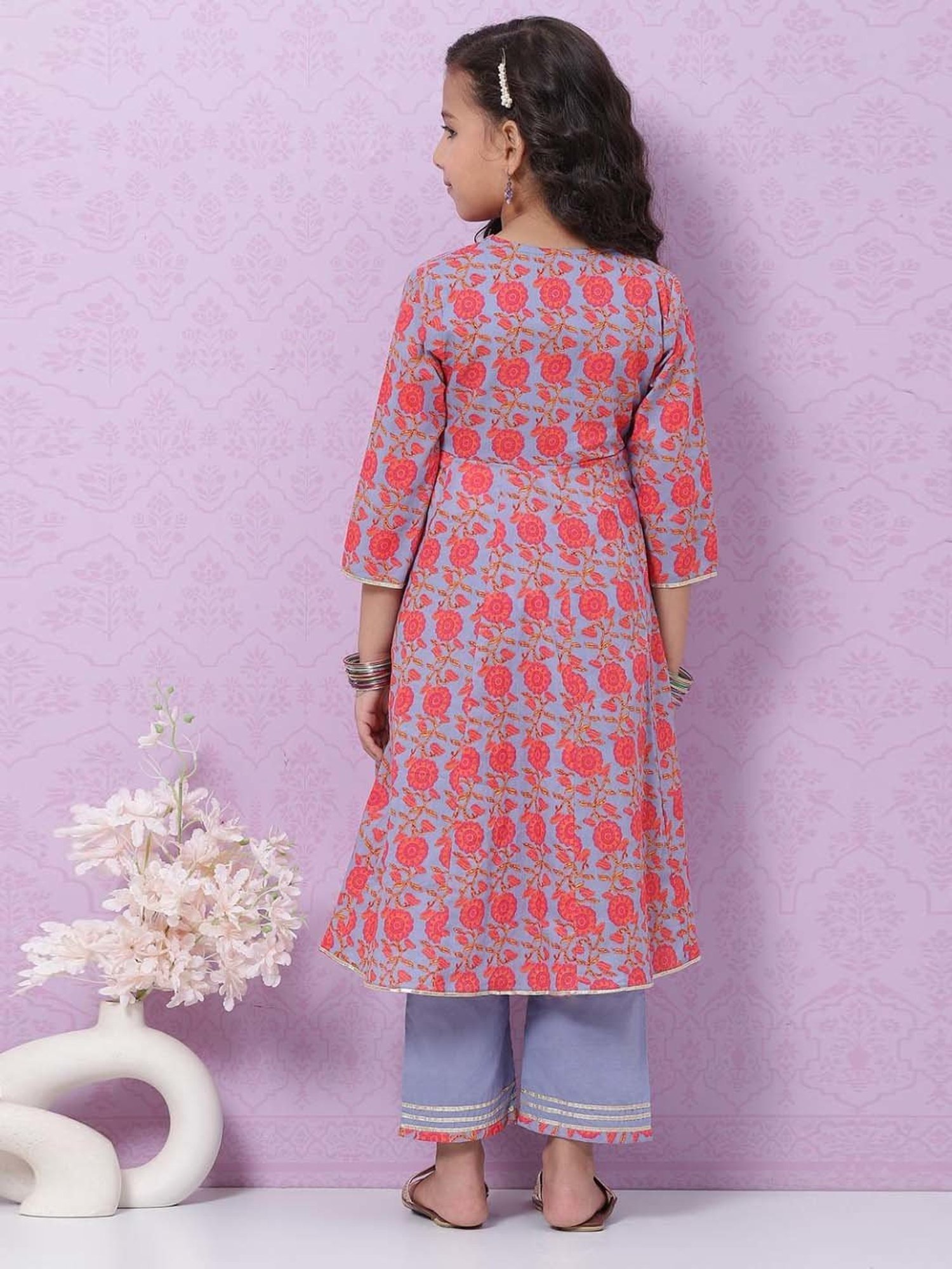 Biba Kids Blue & Red Cotton Floral Print Kurta Set