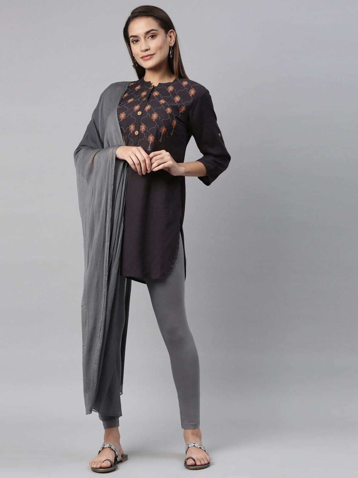 TWIN BIRDS Grey Cotton Ankle Length Leggings With Dupatta