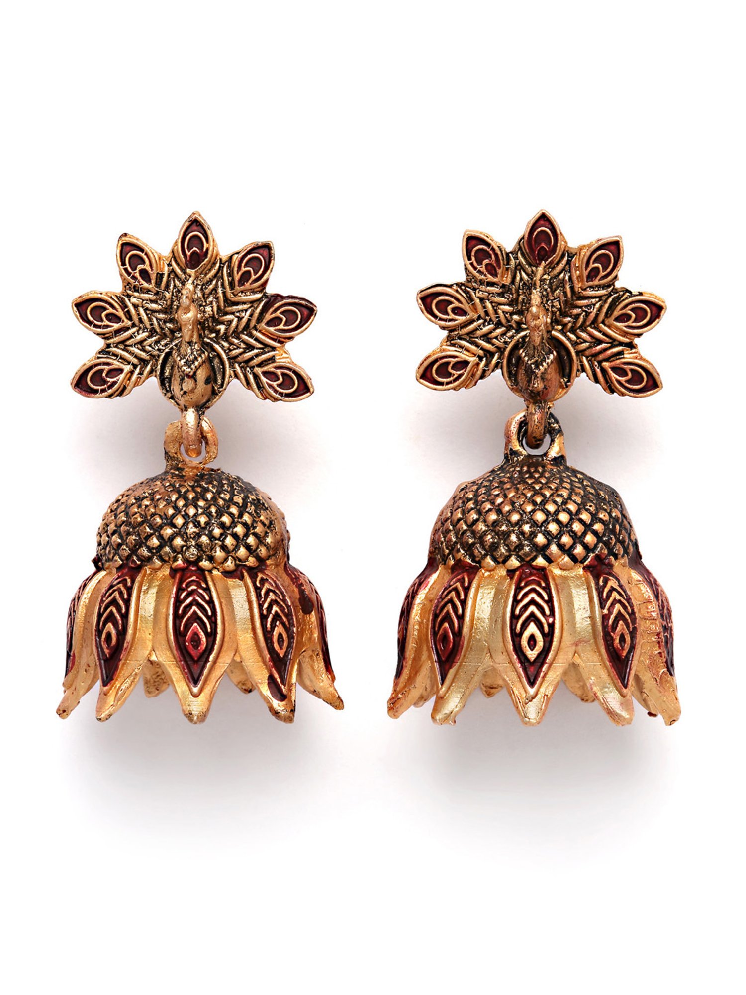 Karatcart Gold-Plated Peacock Design Maroon Jhumki Earrings for Women