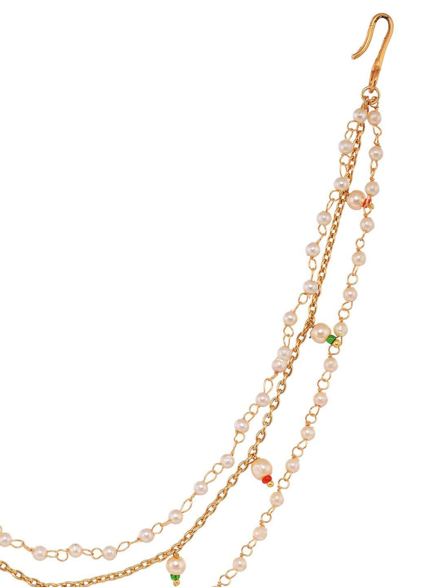 Saraf Rs Jewellery Gold Toned Pearl Beaded & Kundan Studded Jodha Nose Ring With Chain