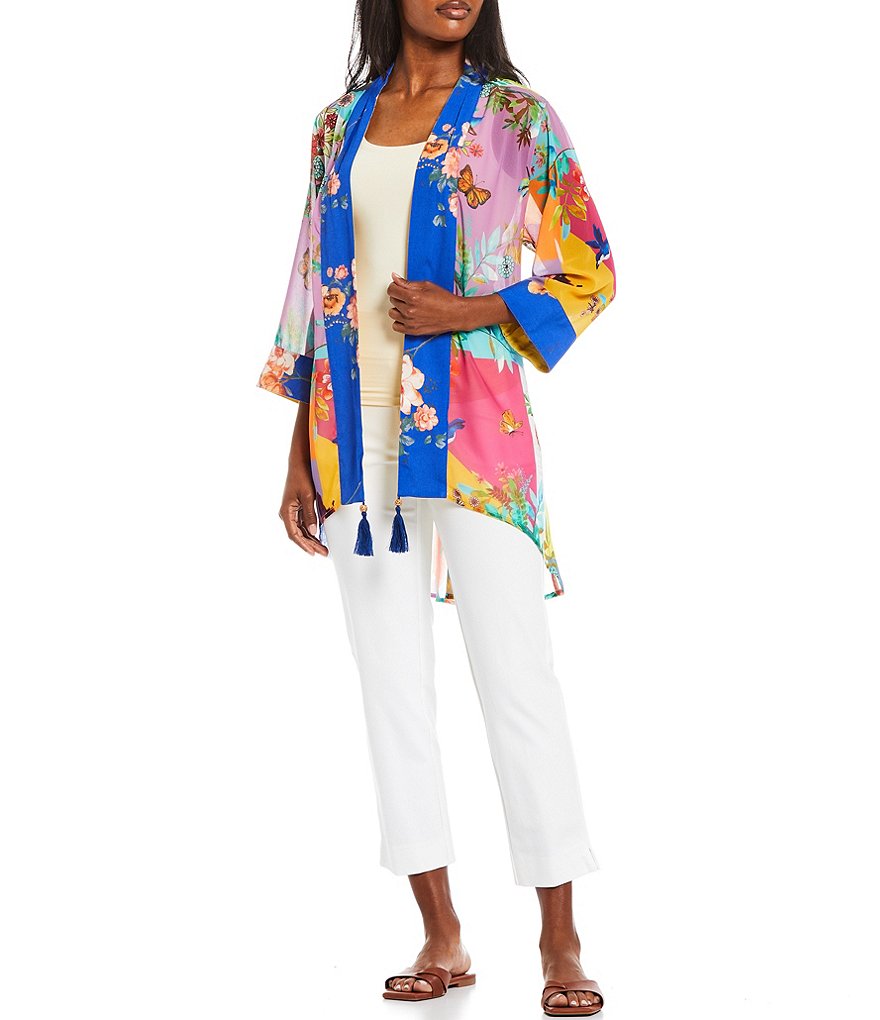 Ali Miles Printed Button Front Floral Wire Neck 3/4 Bell Sleeve Jacket