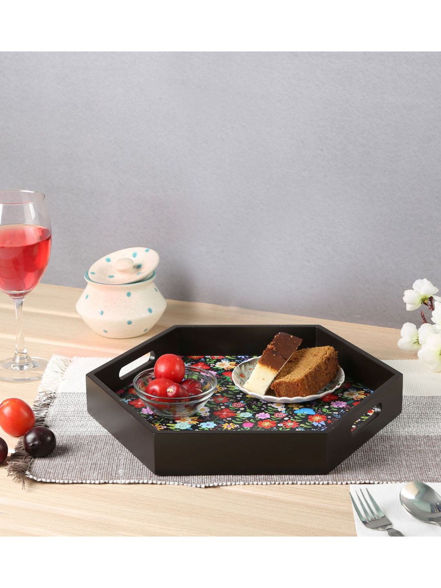 Crayton Floral MDF Hexagon Serving Tray - Set of 1