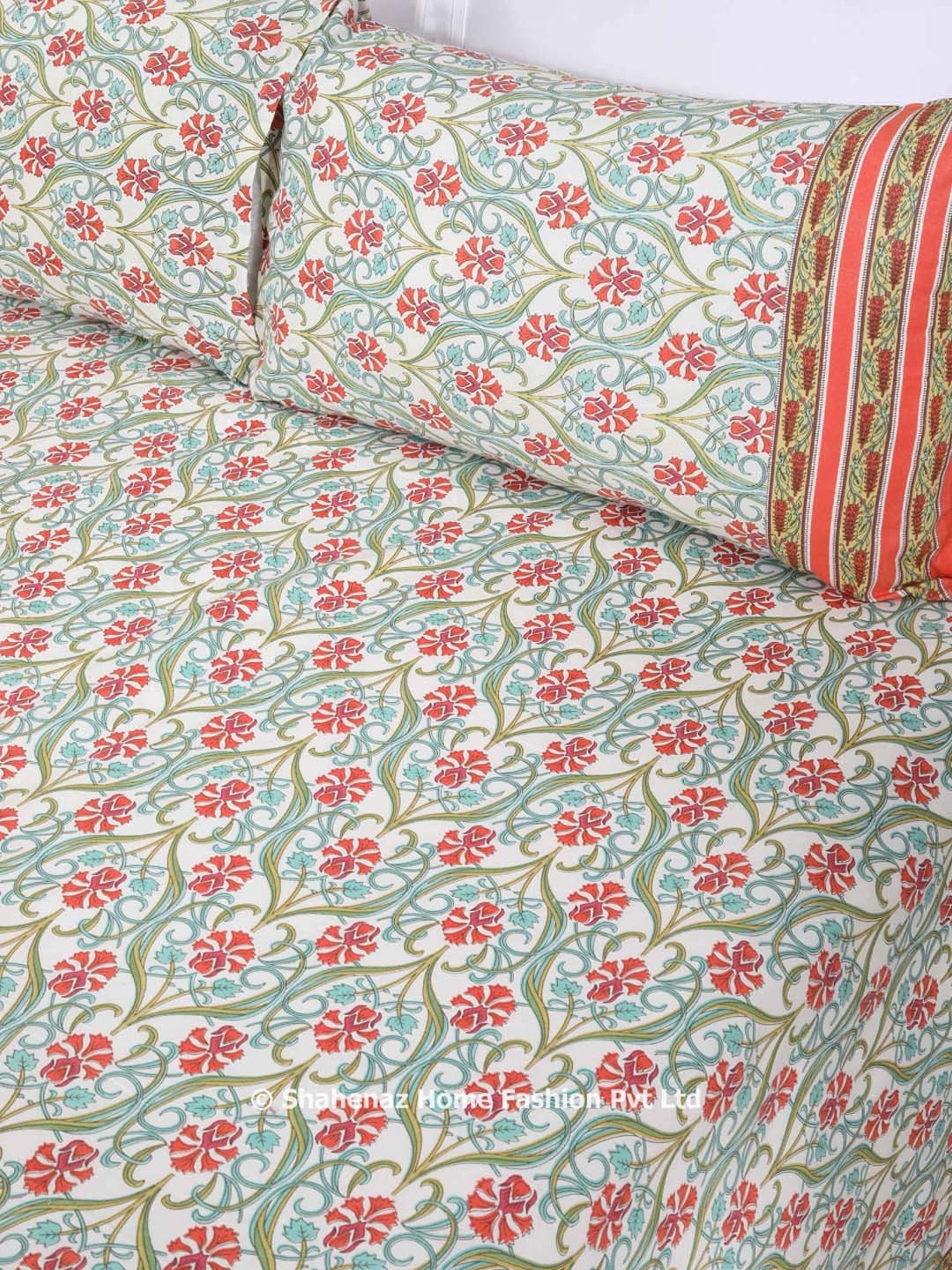 Shahenaz Orange & Green 120 TC Cotton Pine Jhaal Double Bedsheet with 2 Pillow Covers