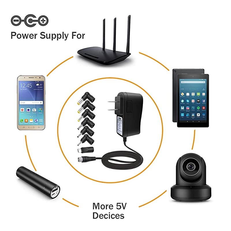 10W 5V2A (2000mA) Multi Tips Switching AC Power Adapter Replacement Wall Charger for Android Tablets Webcam Routers Toys Recorder Bluetooth Speaker TV Box USB Hub and More DC 5v Devices (5V ONLY)
