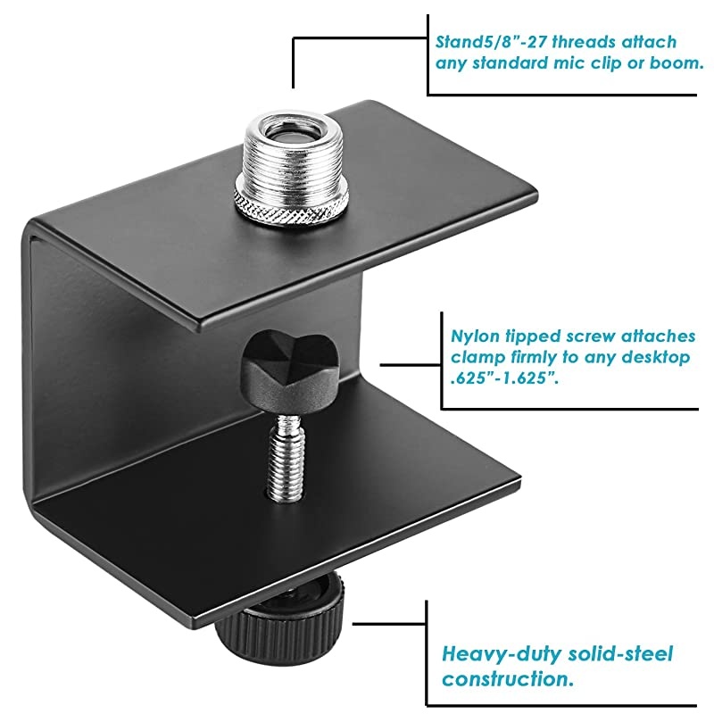 Cshaped Microphone Table Mounting Clamp with Solidsteel Construction and Nylon Tipped Screw Fits up to 157 inches4 centimeters Table Thickness for Most Standard Mic Boom Arm StandBlack
