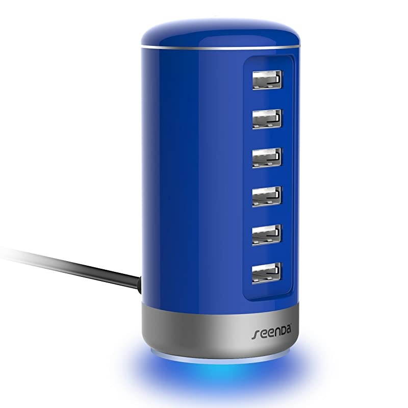 6 Port USB Charging Station  USB Desktop Charger with Smart Identification Blue