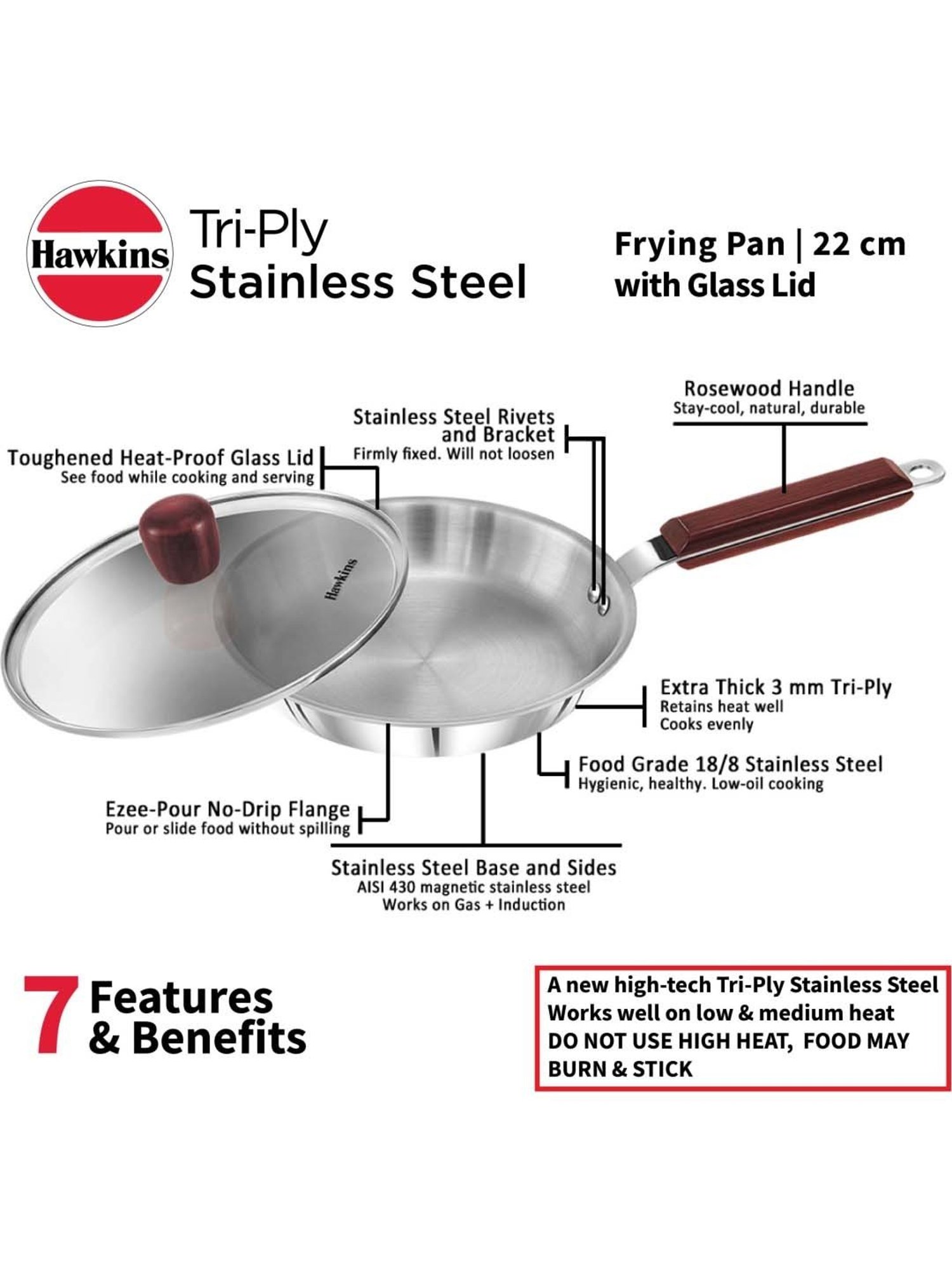 Hawkins Tri-Ply Stainless Steel Frying with Glass Lid Fry Pan 20 cm diameter with Lid 1.4 L