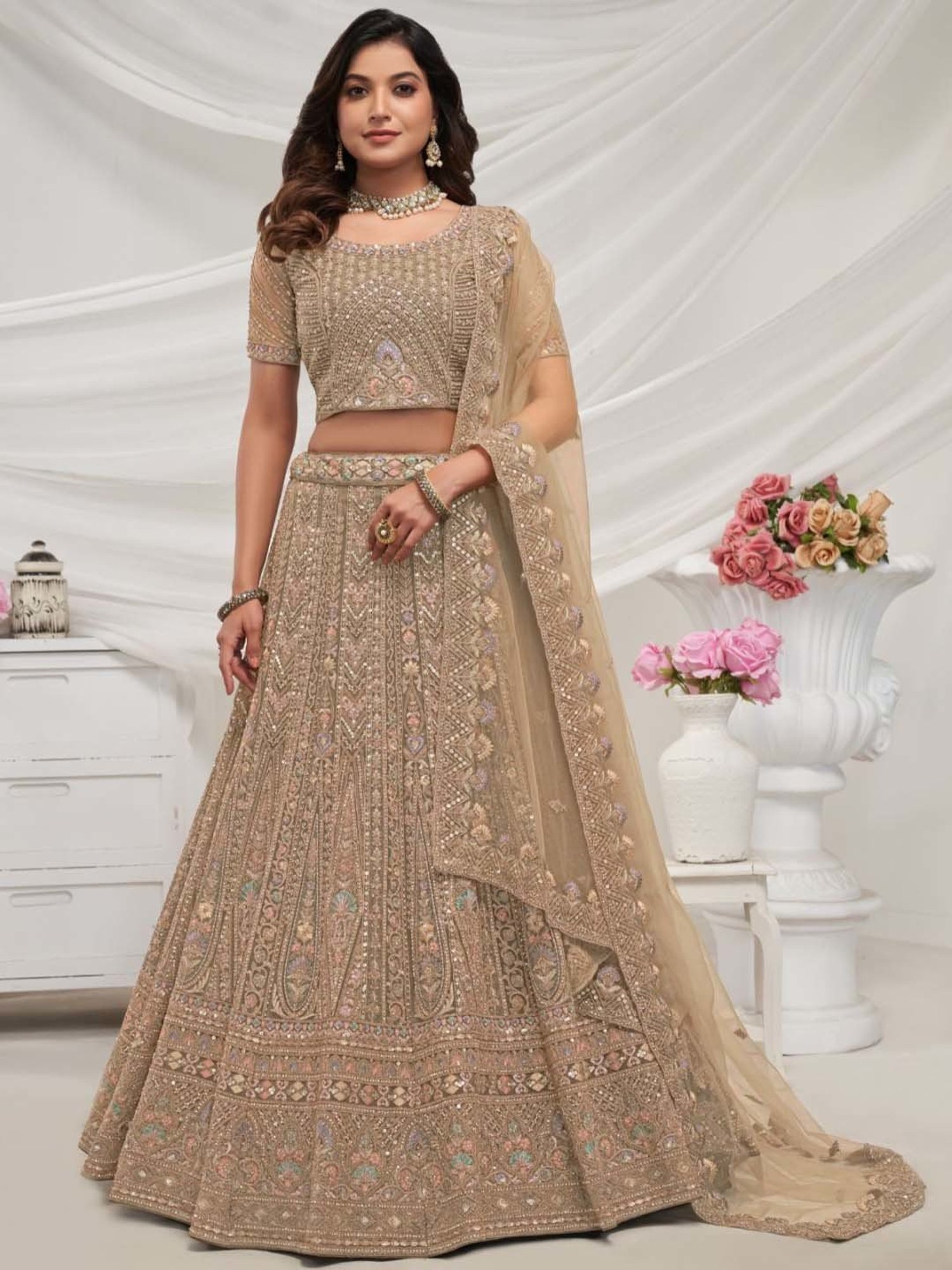 Odette Beige Embroidered Lehenga Choli Set With Dupatta