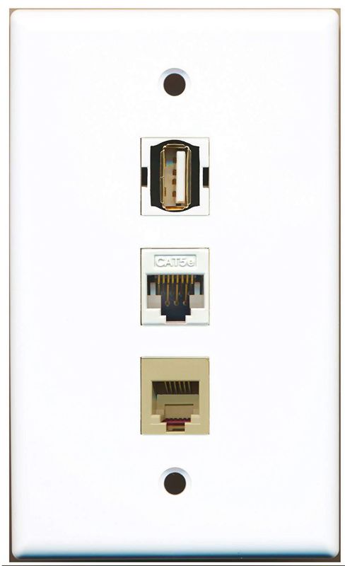 RiteAV - 1 Port USB A-A and 1 Port Phone RJ11 RJ12 Beige and 1 Port Cat5e Ethernet White Wall Plate