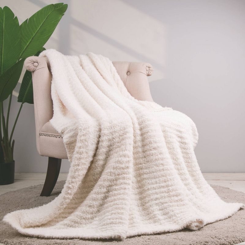 60" x 50" Knitted Polyester Feather Yarn Throw Blanket Beige - Glitzhome
