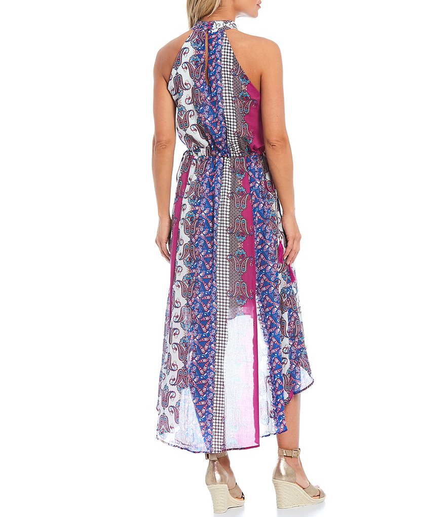 Reba Printed Crepe Embellished Embroidery Hi-Low Halter Dress