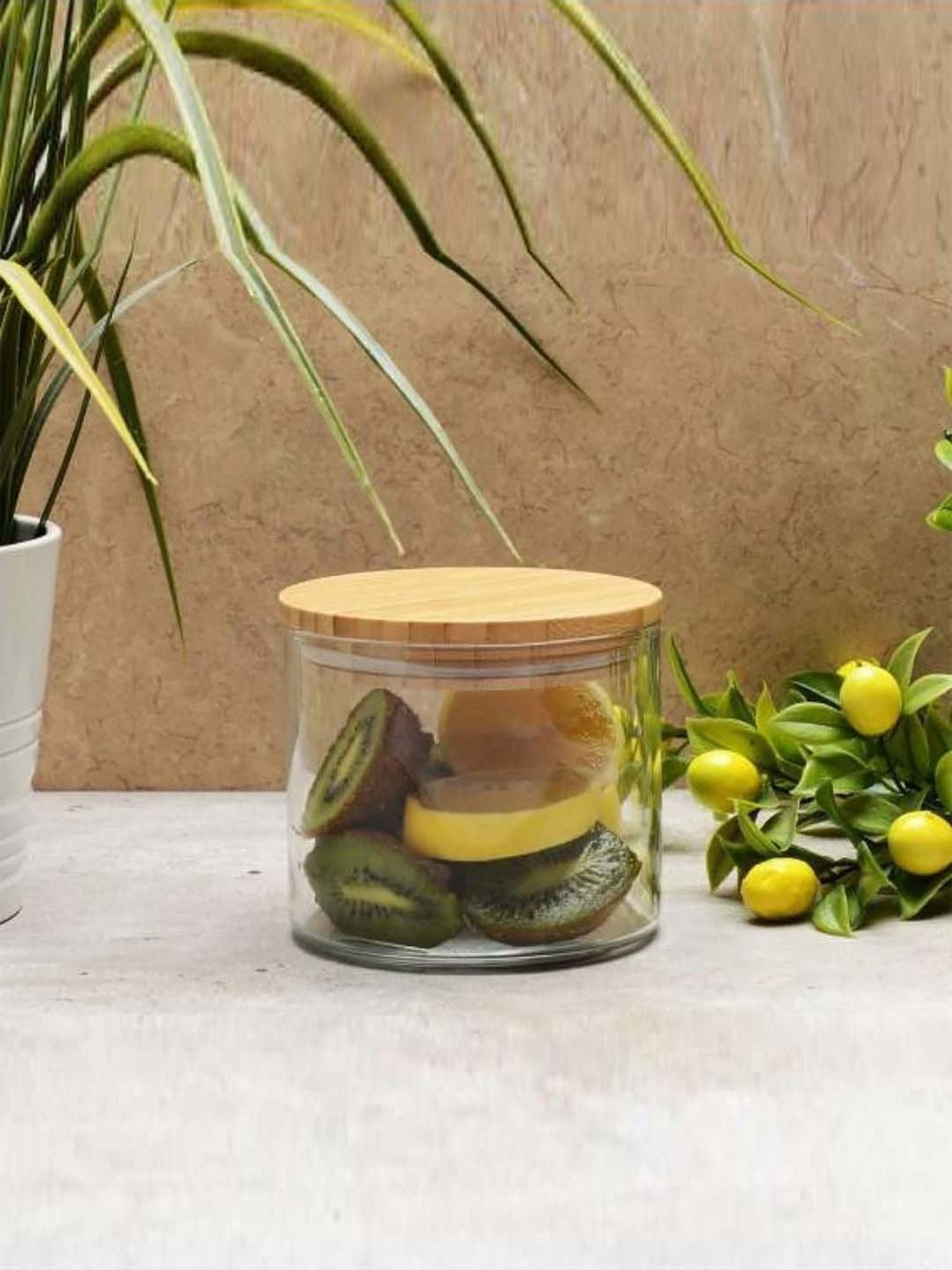 Pasabahce Transparent Bamboo Jar With Wooden Lid (0.7 L) - Set of 2