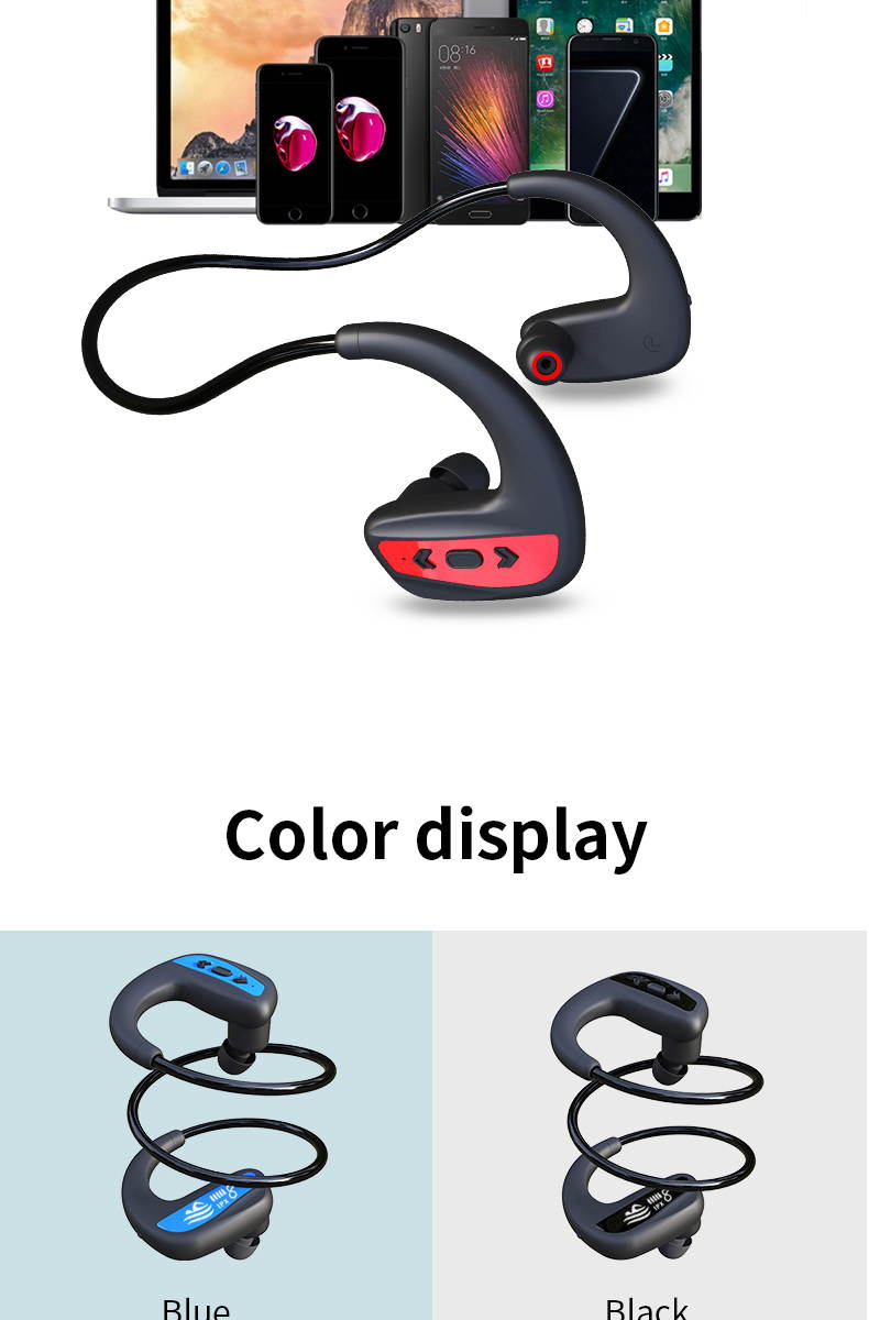 Black Ipx8 Swimming Earphone Waterproof 32GB Mp3 Player 12Hours Playing Bluetooth Headset Running Hifi Bass Wireless Earbud(Black)