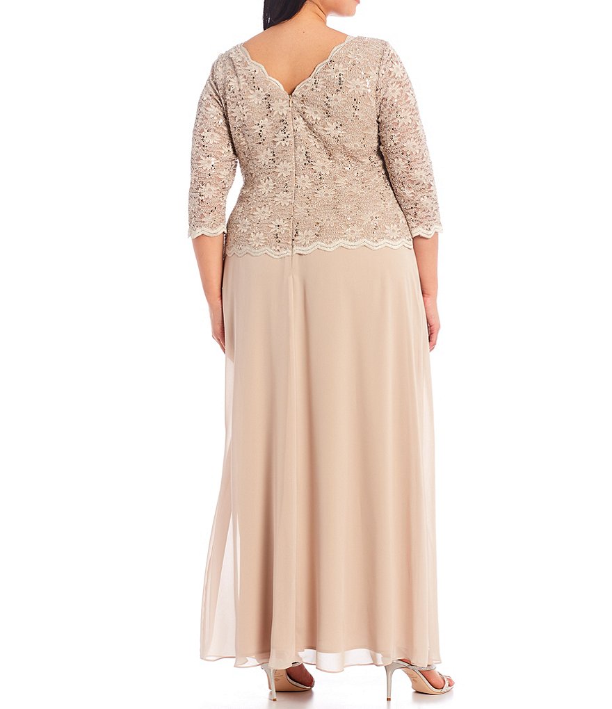 Alex Evenings Plus Size Boat Neck 3/4 Sleeve Sequin Lace Scalloped Hem Bodice Chiffon Skirted Dress