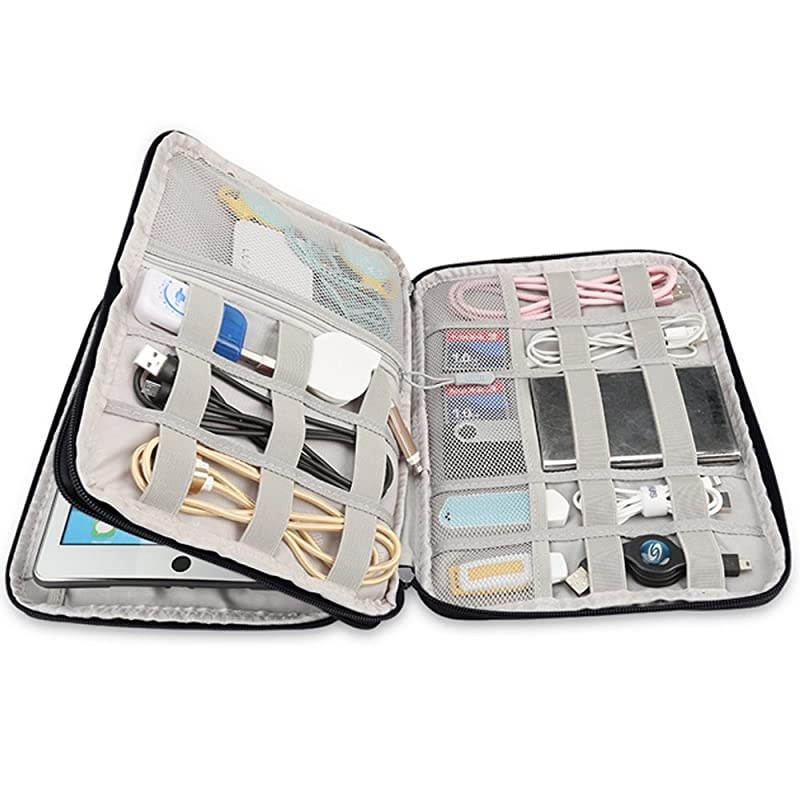 Waterproof Compact Electronics Storage Bag for Cables Charger USB Flash Drive Phone Accessories Power Bank Travel Cords Organizer Case with Shape Maintaining Piping Frame Large Black