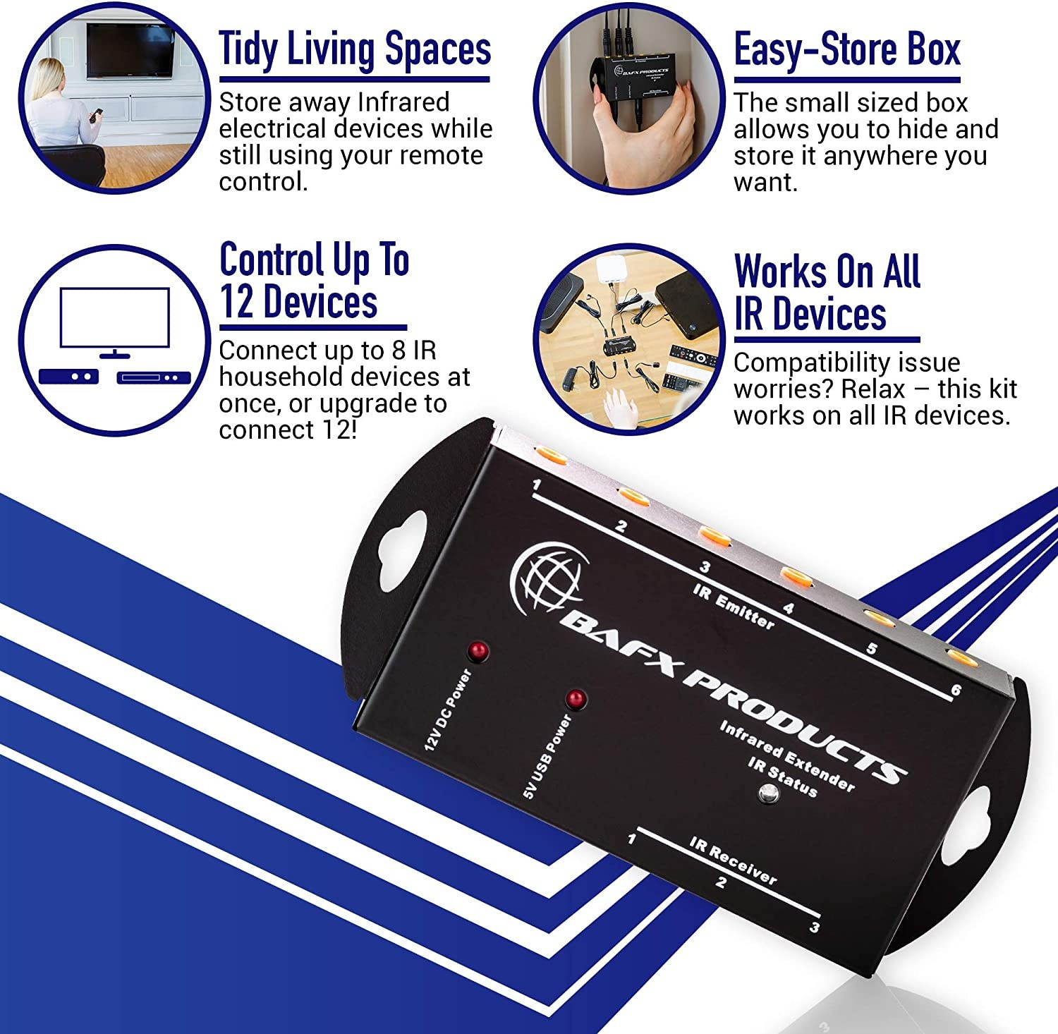 BAFX Products (Infrared) IR Remote Control Extender or IR Repeater Kit - Control 1 to 8 Devices (Expandable to 12!)