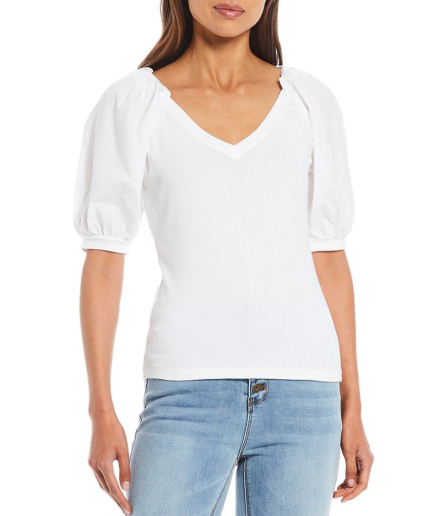 A Loves A V-Neck Balloon Sleeve Mixed Media Tee