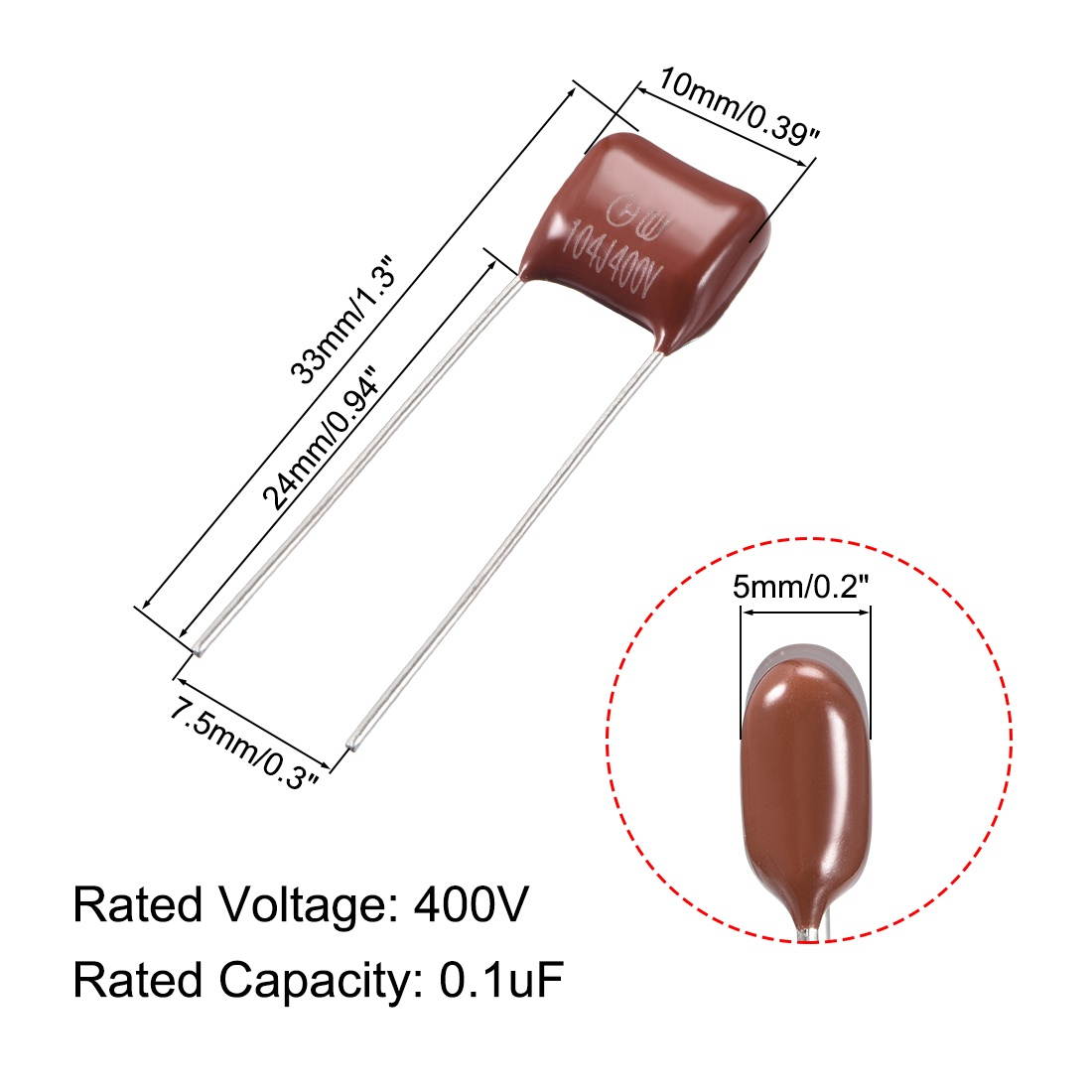 CBB21 Metallized Polypropylene Film Capacitors 400V 0.1uF for Electric Circuits Energy Saving Lamps Pack of 100