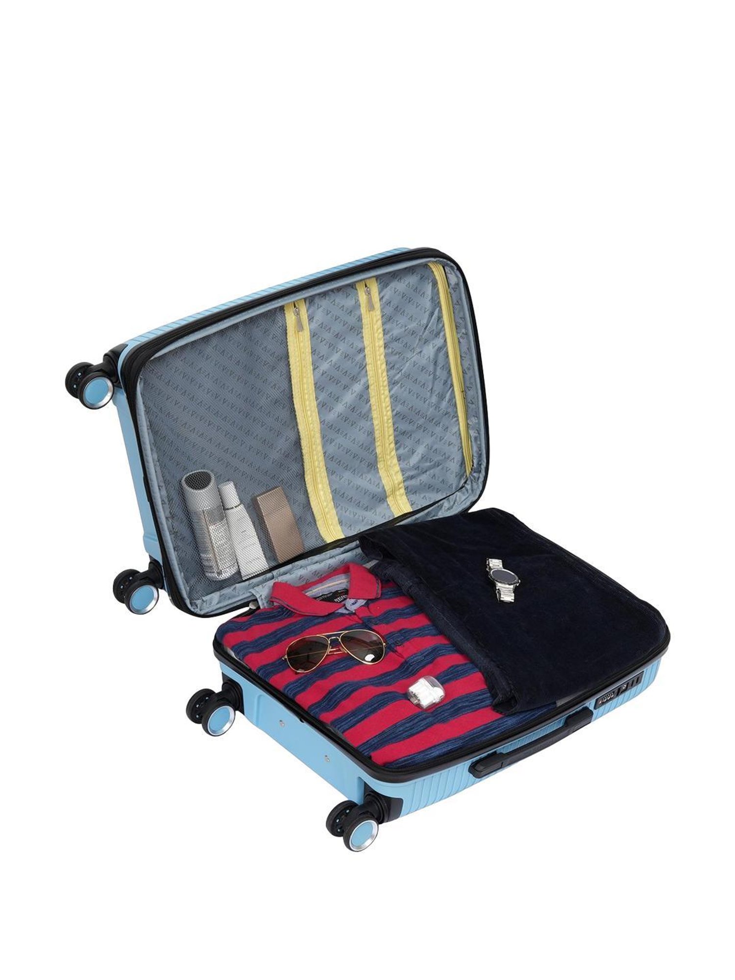 The Vertical Stellar Blue Wheels 8 Medium Hard Cabin Trolley Bag