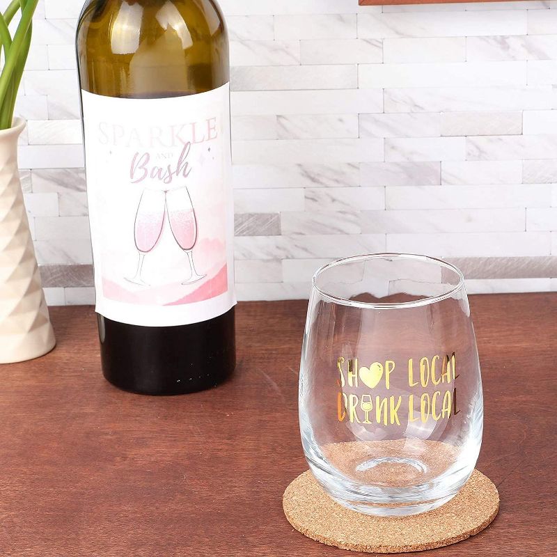 Okuna Outpost Stemless Clear Wine Glasses Cup, Shop Local, Drink Local, Novelty Gift (15 oz)