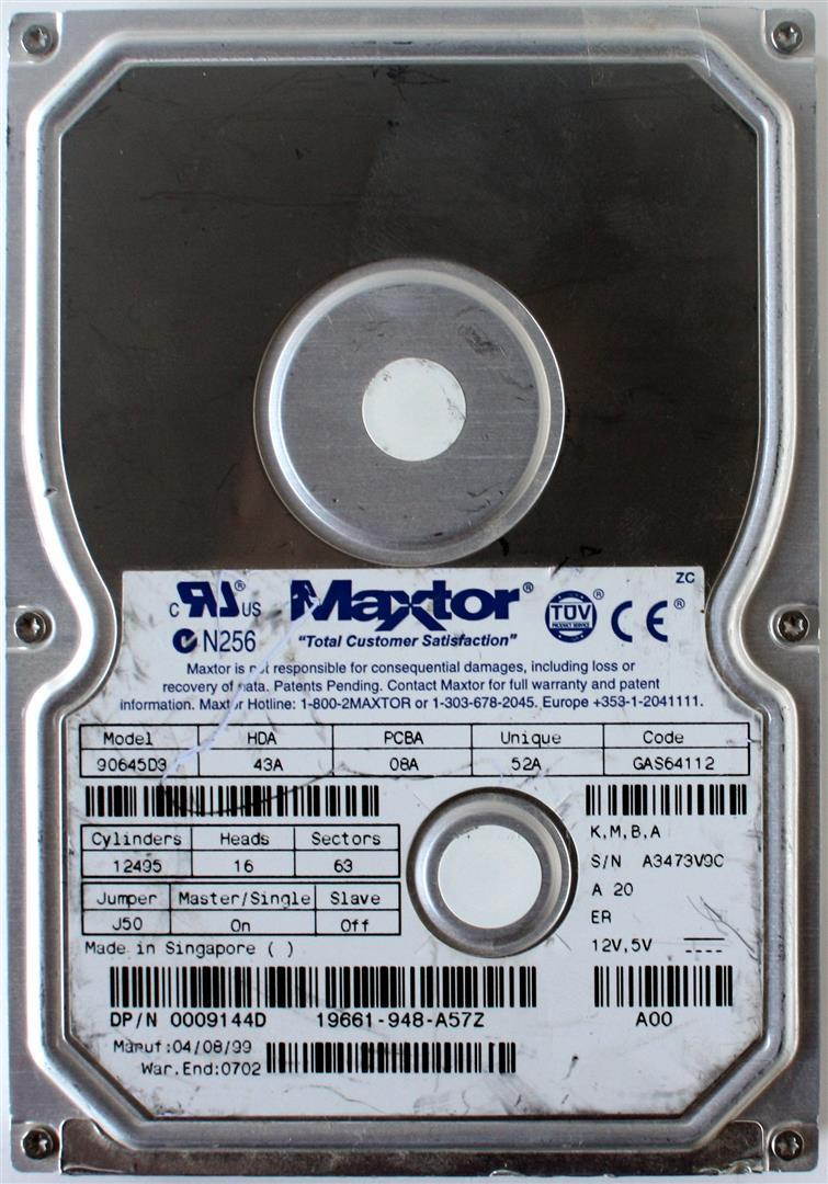 MAXTOR 6.4GB HDD, 90645D3 43A 08A 52A GAS64112 K,M,B,A DA43A, DP/N 0009144D