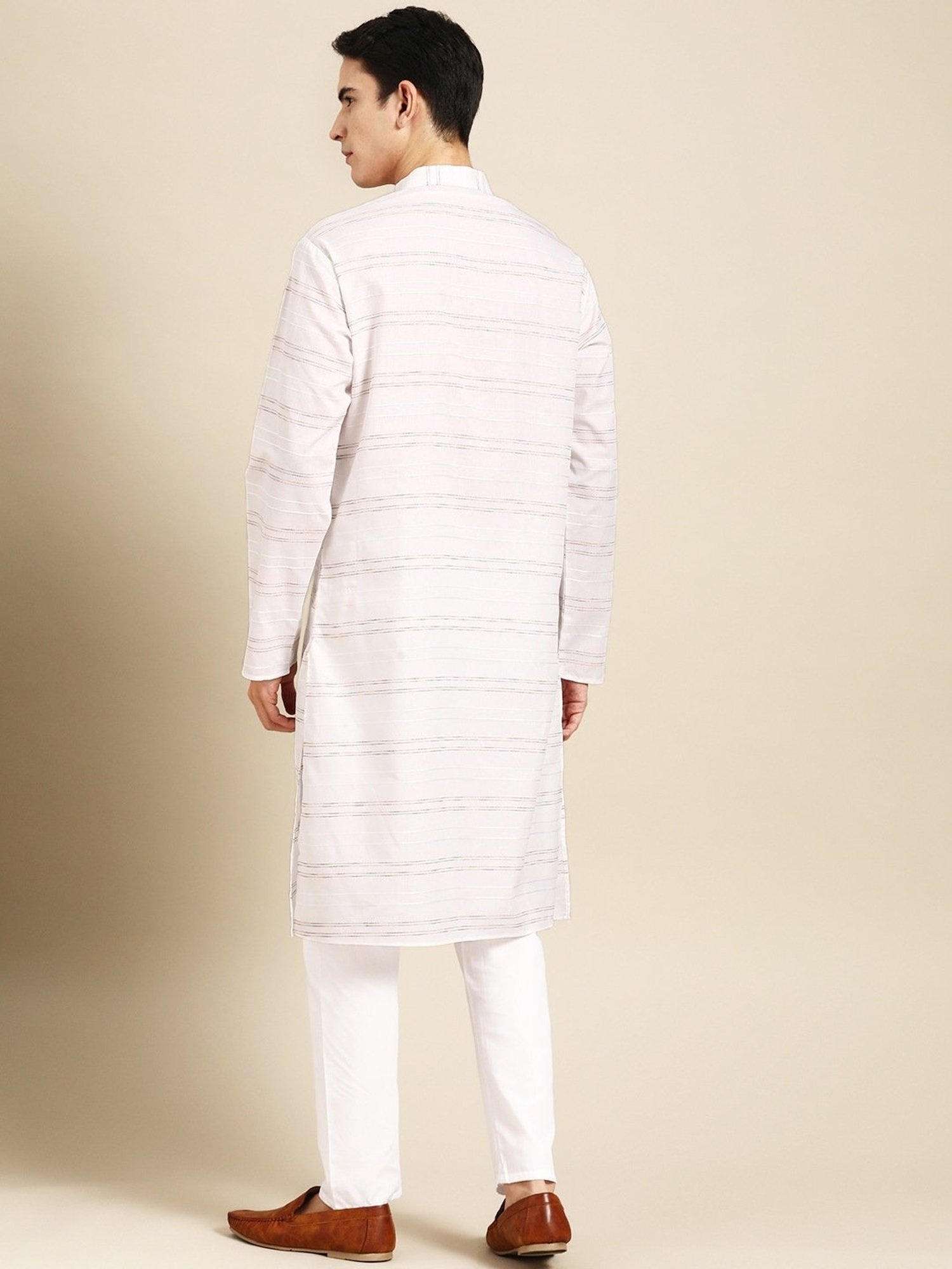 ManQ White Pure Cotton Regular Fit Striped Kurta Bottom Set