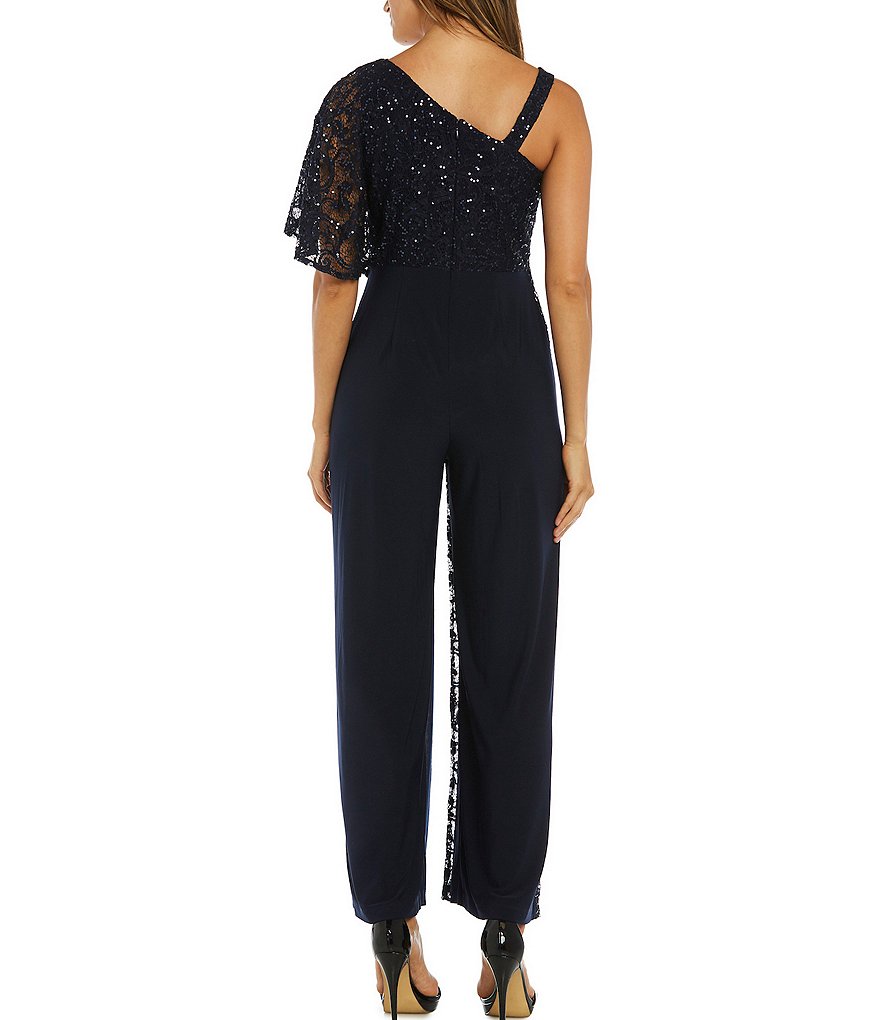 R & M Richards Embroidered Sequin One Shoulder Jumpsuit