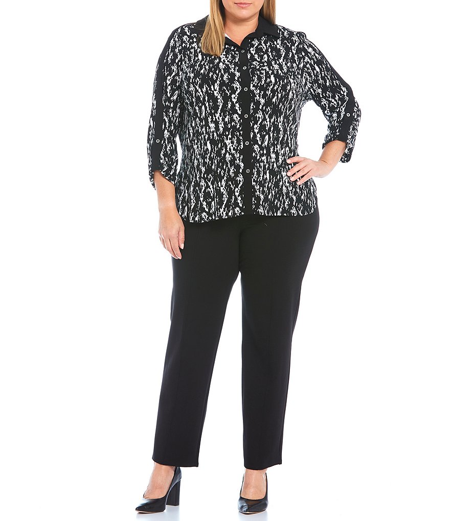 Slim Factor by Investments Plus Size Snakeskin Print Point Collar Neck 3/4 Sleeve Contrast Binding Trim Button Front Shirt