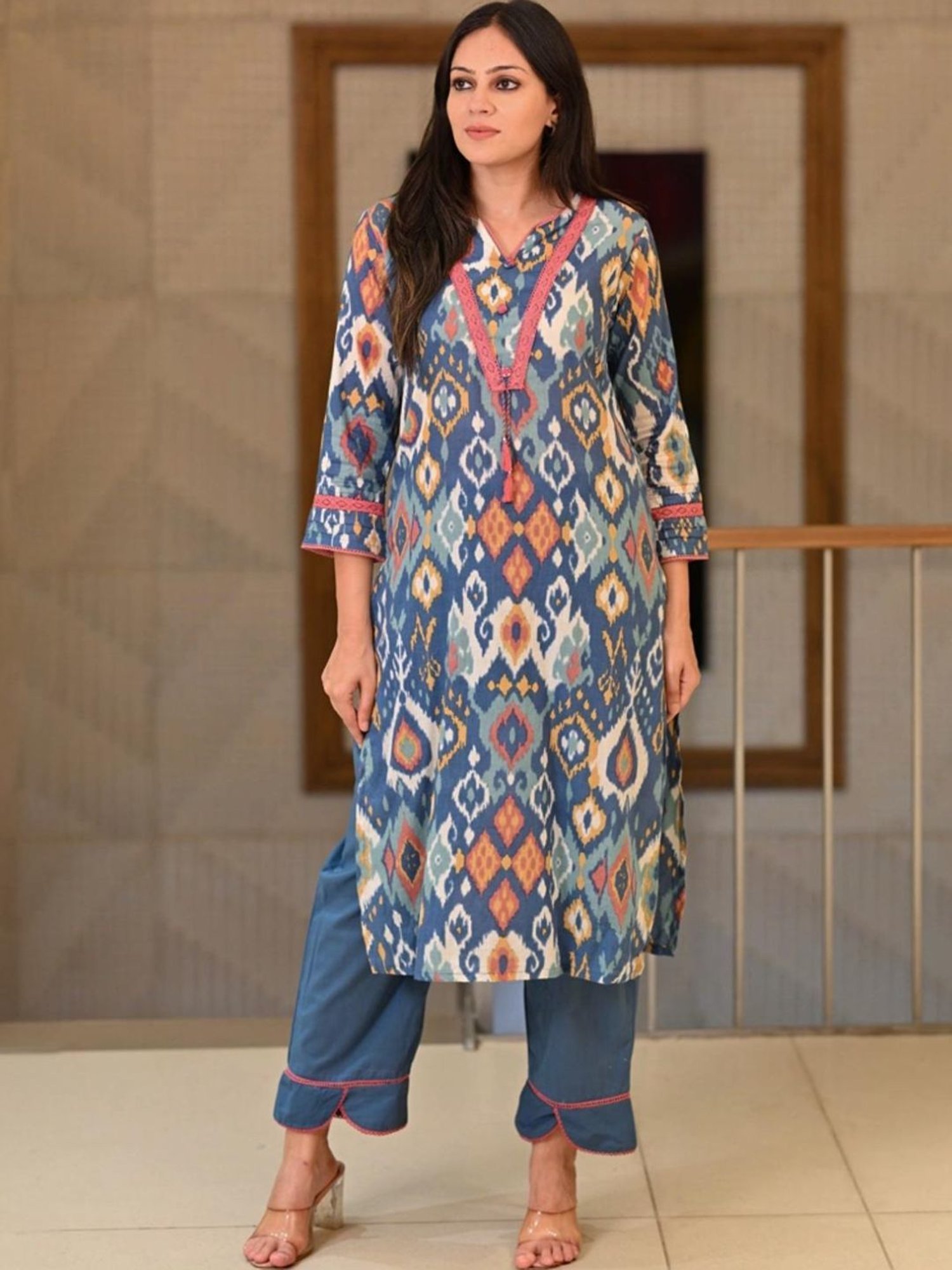 Mahee Jaipur Aegean Blue Ikkat Print Super Soft Cotton Kurta and Pant