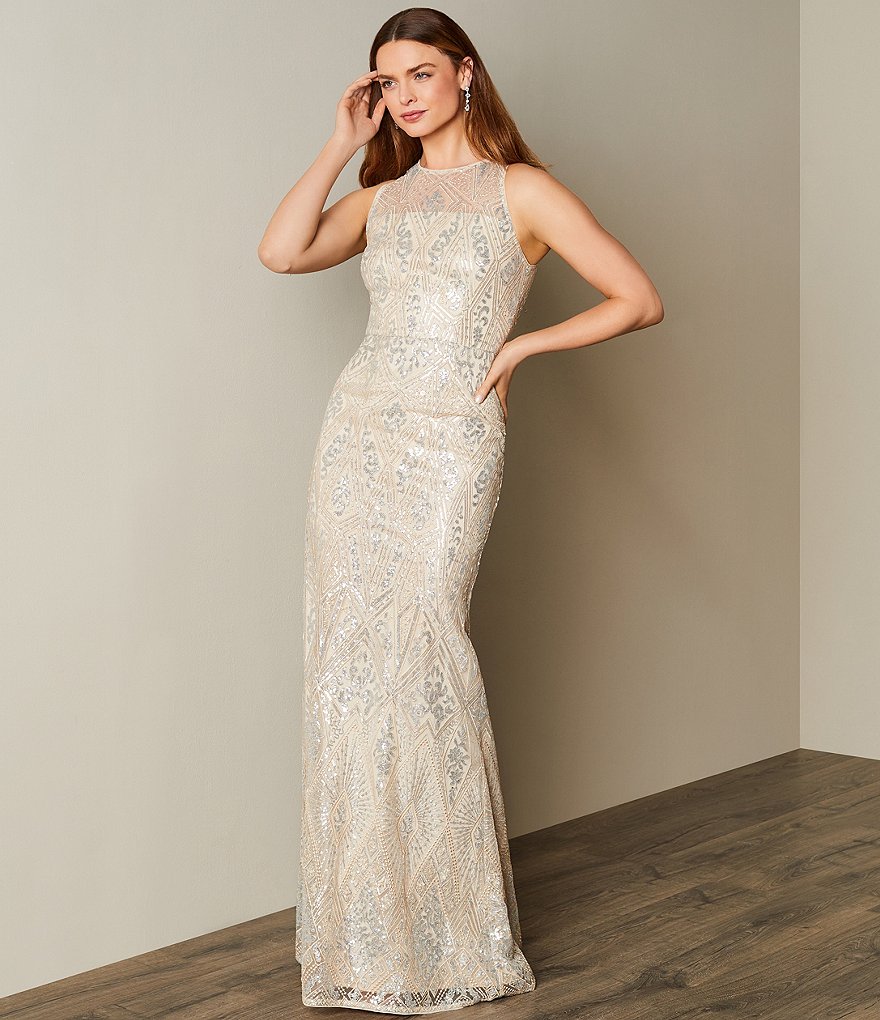 Adrianna Papell Metallic Sequin Crew Neck Sleeveless Mermaid Gown