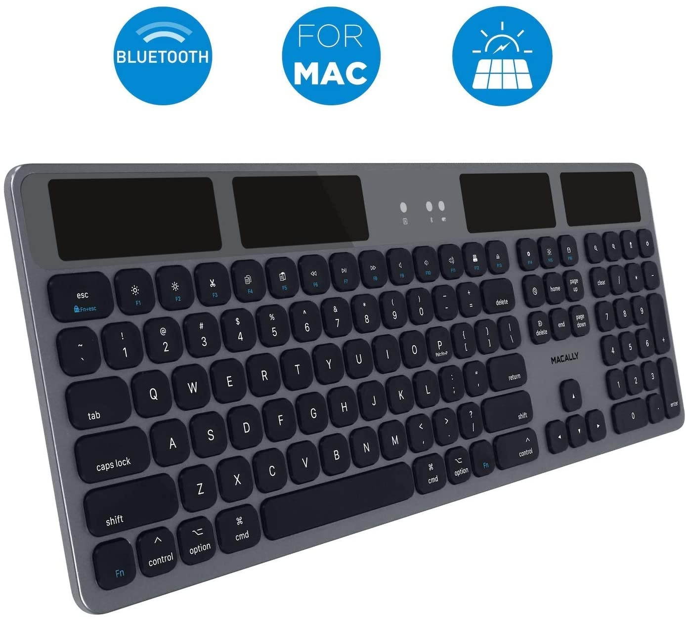 Macally Space Grey Bluetooth Solar Keyboard and a Space Grey Ergonomic Laptop Stand, Complement Your Space Grey Mac