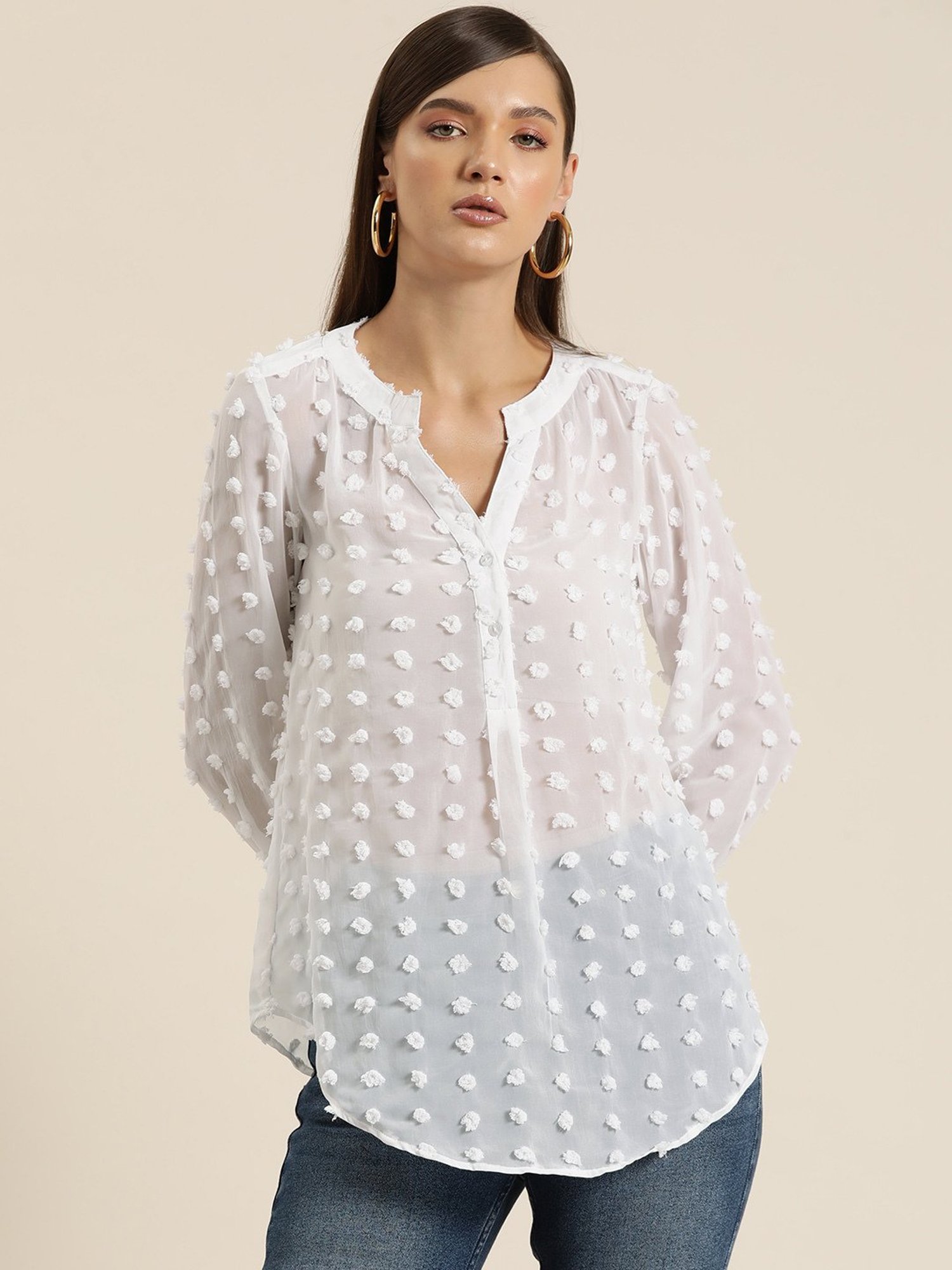 Qurvii White Self Design Top