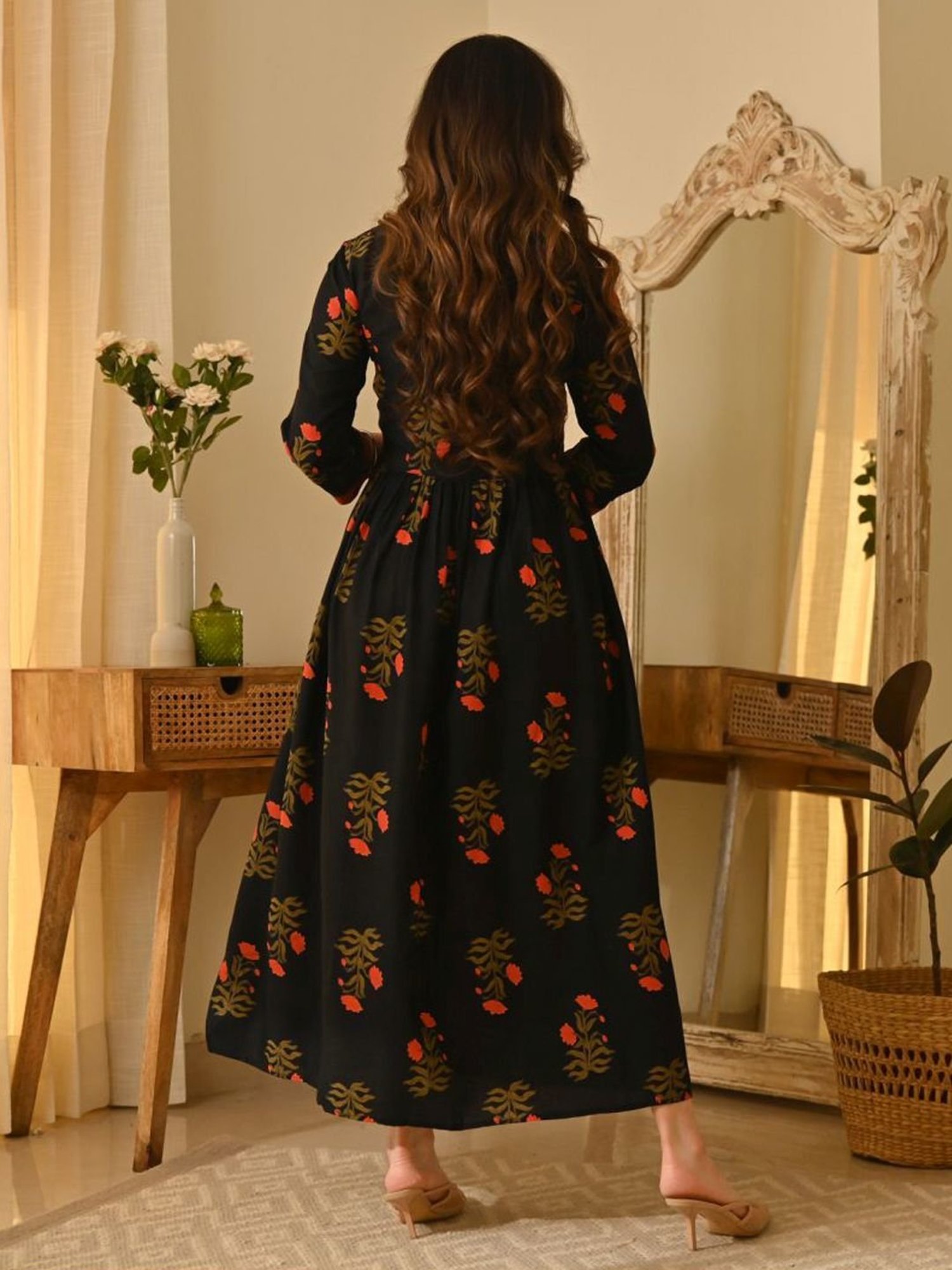 Rustorange Black Printed A-Line Dress