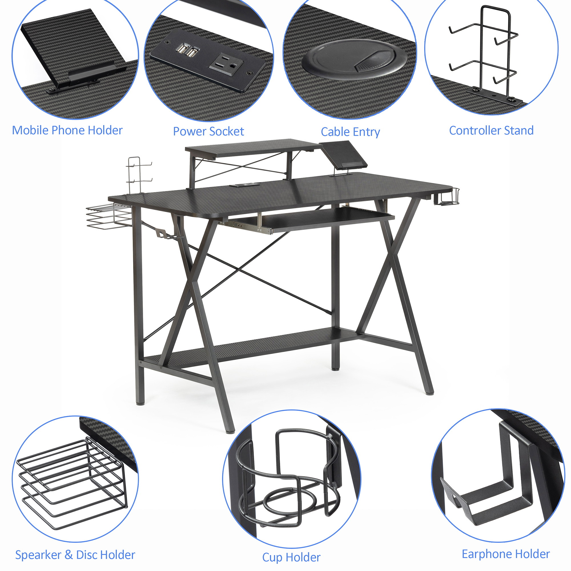 47" Gaming Desk Table E-Sports Computer Desk Home Office Desk Gamer Desk Writing Table with PC Stand Shelf Keyboard Stand Cup Holder & Headphone Hook,Power Strip with USB,Black