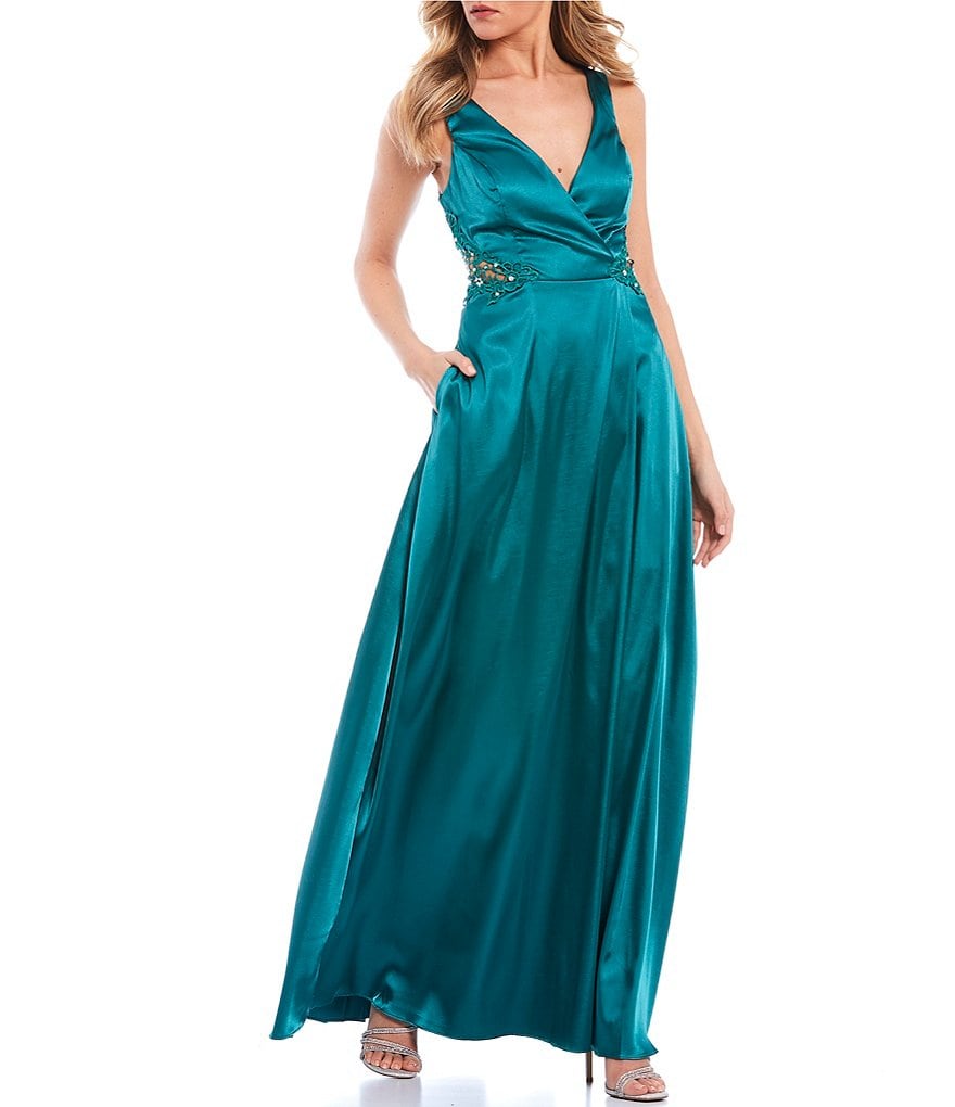 City Vibe V-Neck Crochet-Side Faux-Wrap Satin Long Dress