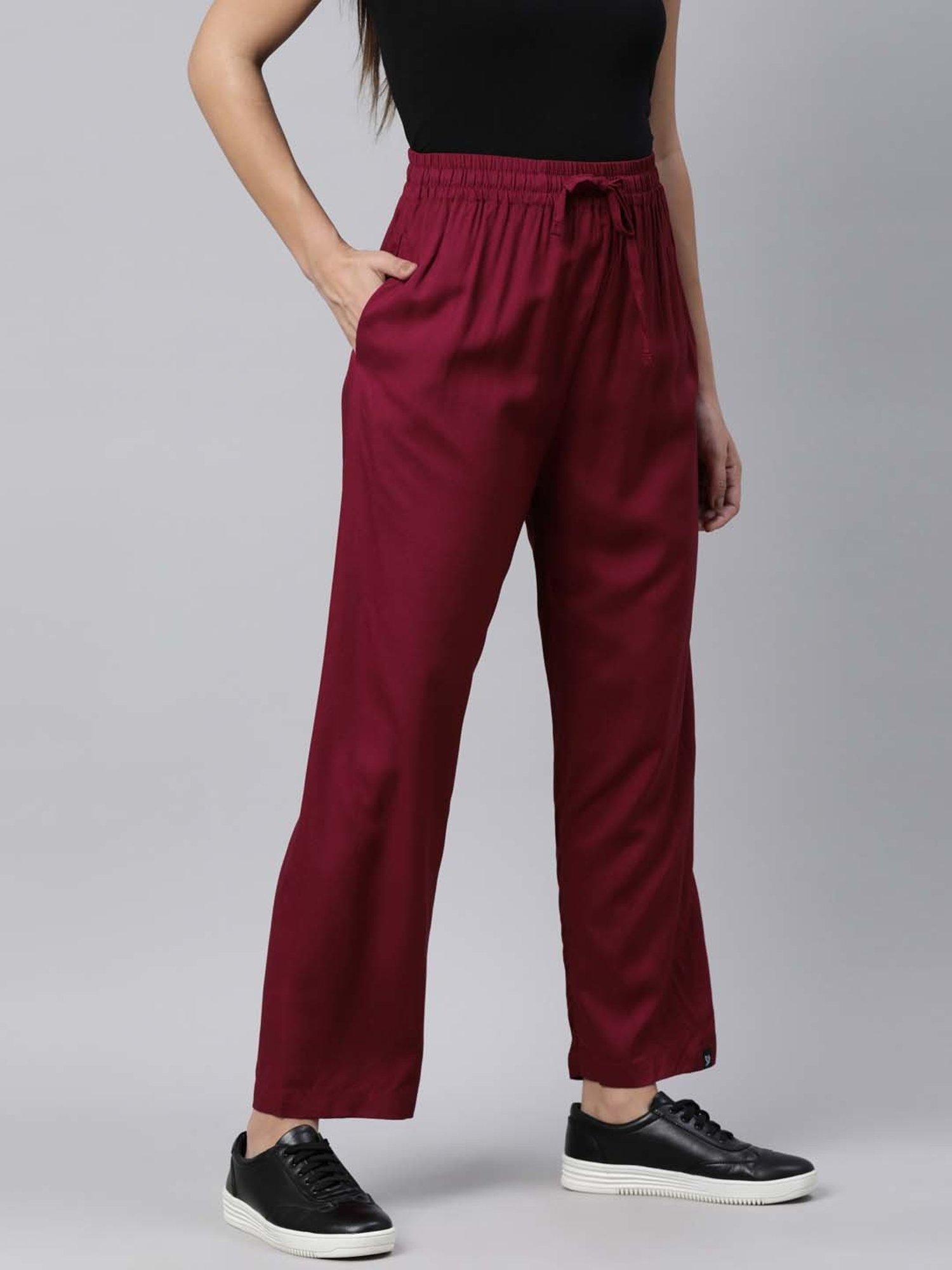TWIN BIRDS Black & Maroon Regular Fit Pants - Set Of 2