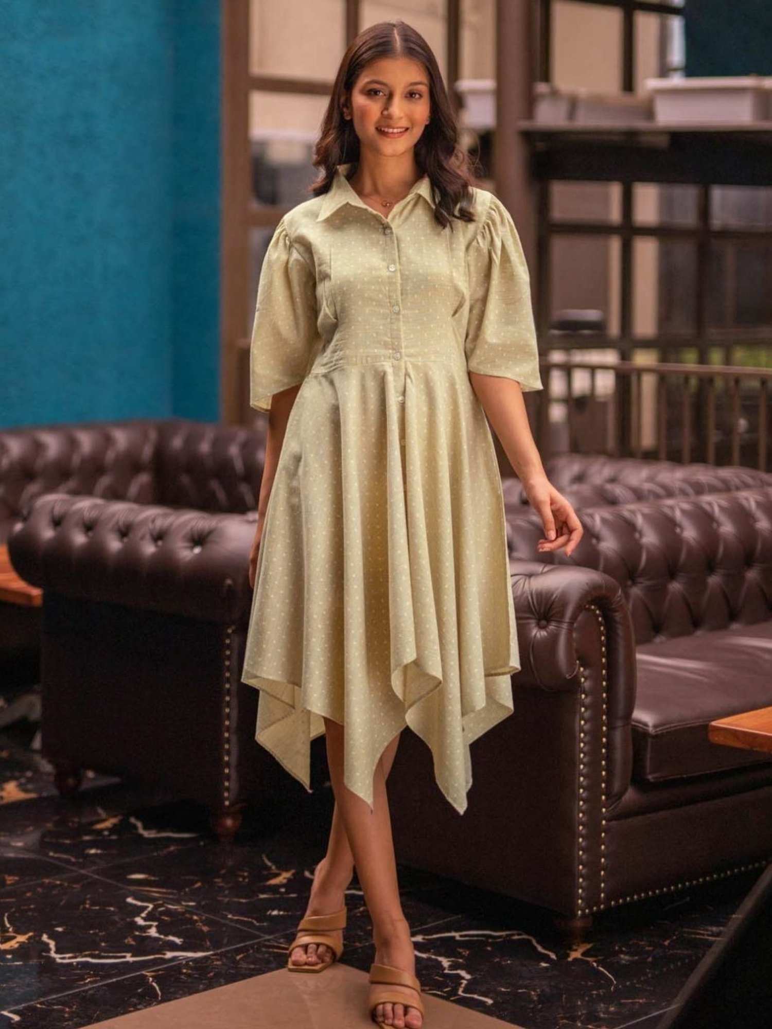 BInfinite Khaki Chambray Handkerchief Dress